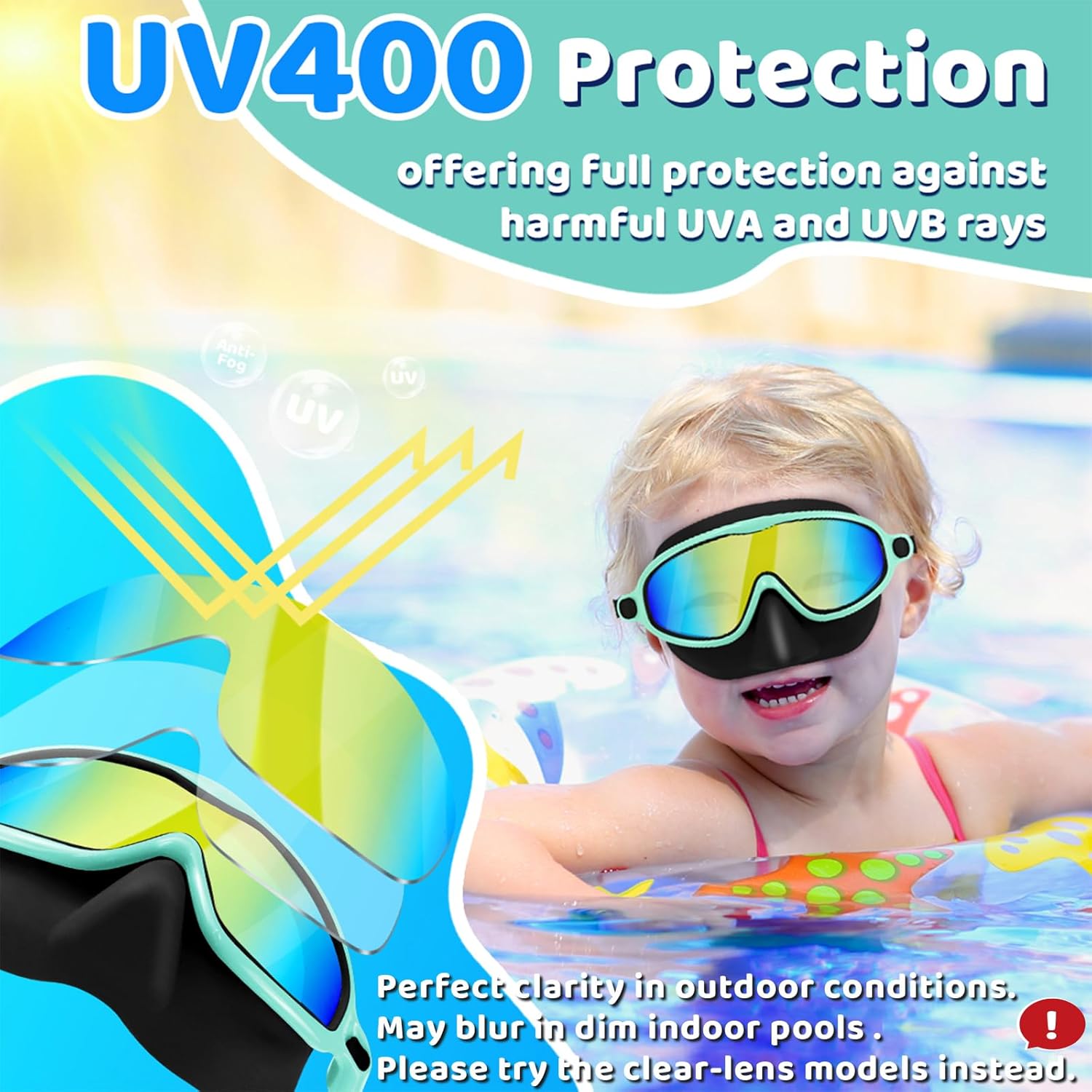 Detalle de Vvinca 2-Pack Swim Goggles with Nose Cover for Kids — Wide View, Anti-Fog, UV Protection
