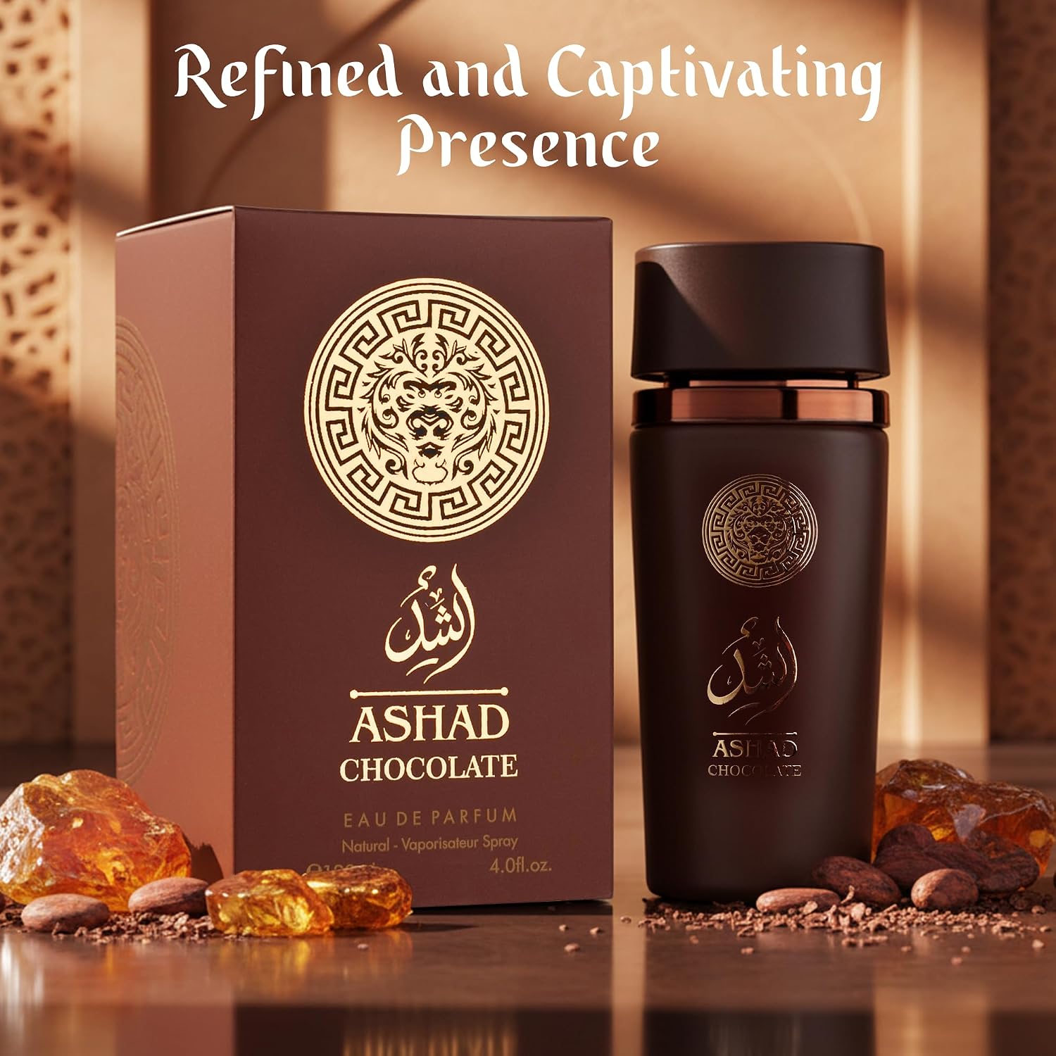 Detalle de SAADAH Ashad Chocolate Eau de Parfum for Men, 120 mL, Cacao & Bourbon Vanilla