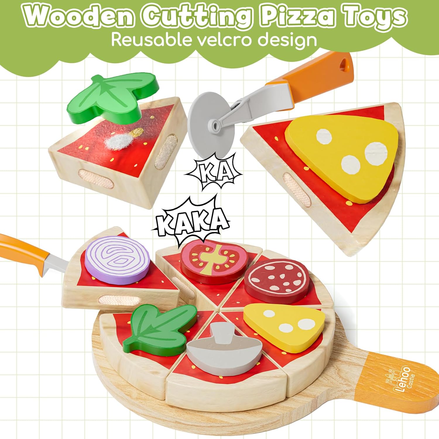 Detalle 2 de Lehoo Castle Wooden Play Food — Pizza & Pasta Toy Set for Kids