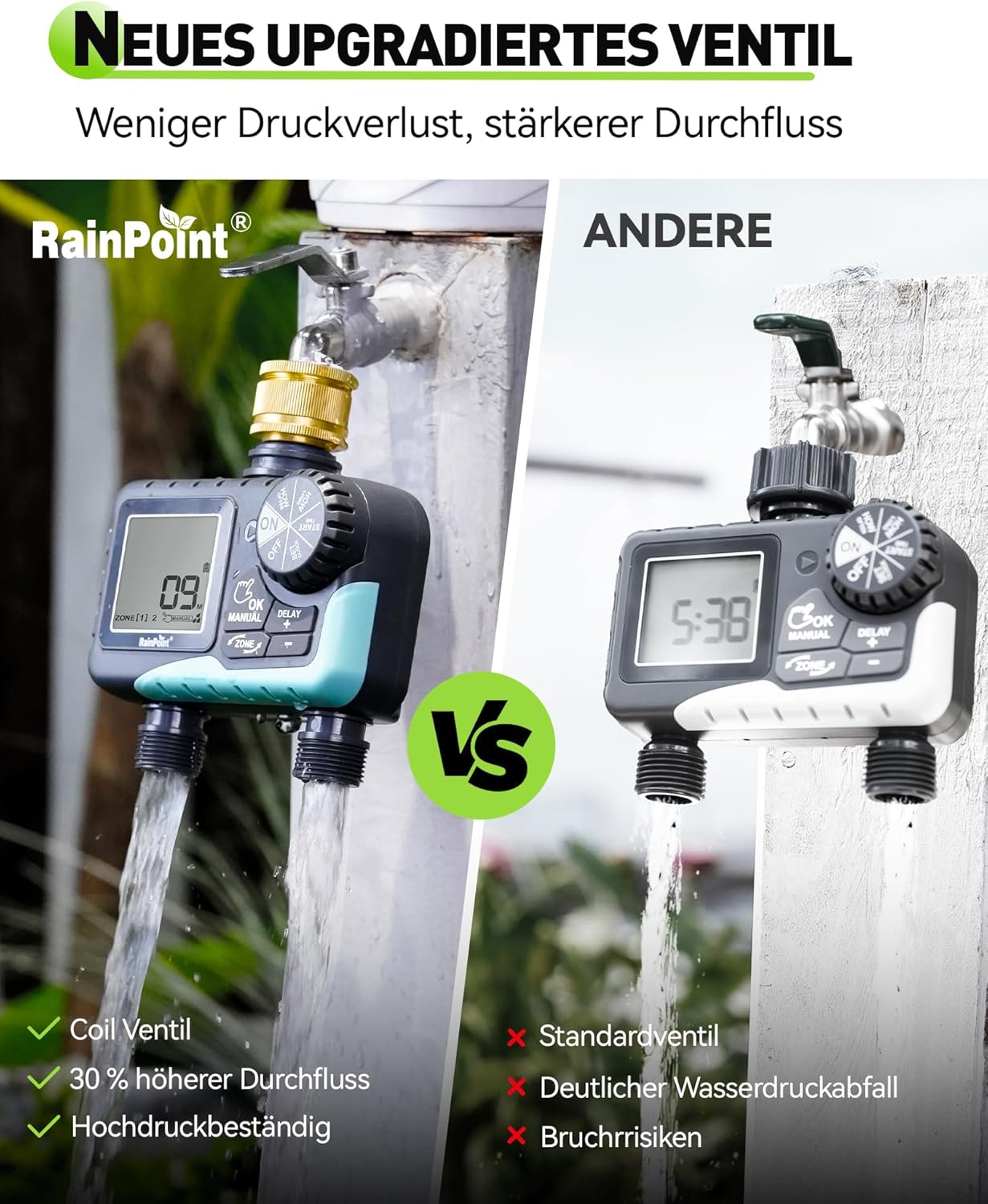 Thumbnail 2 de RAINPOINT Bewässerungscomputer „2“ mit 2 Ausgängen, Messing-Drehgelenk & Regenverzögerung