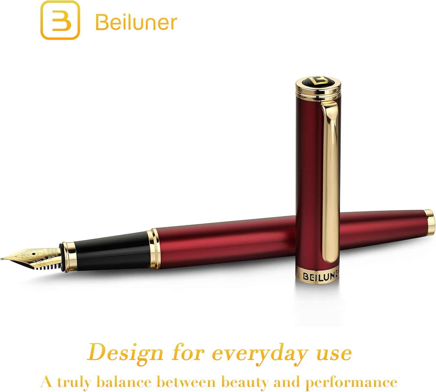 Thumbnail 1 de BEILUNER Stylo Plume de Luxe finition piano laqué et or 24K – Rouge & Or, avec convertisseur