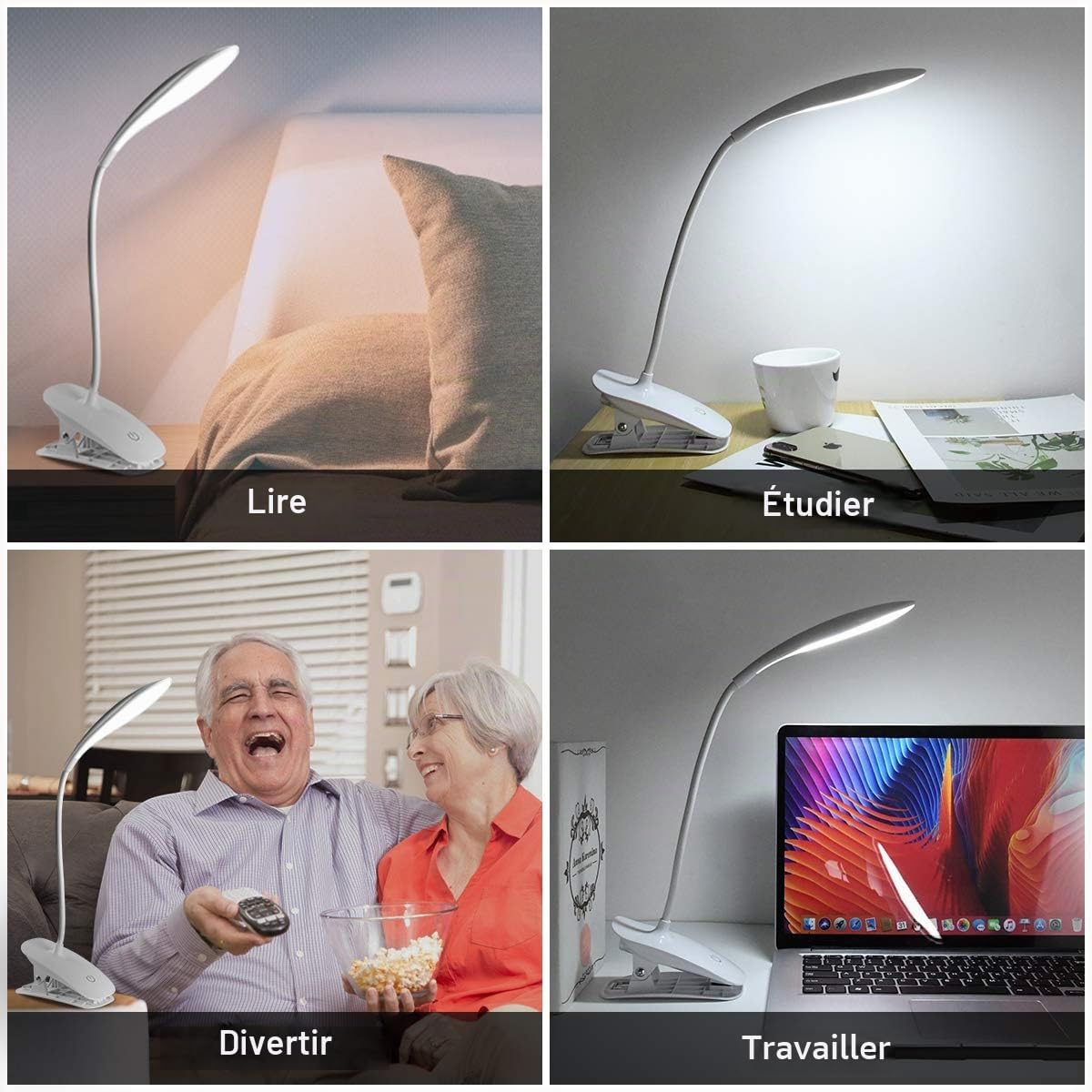 Detalle de URAQT LED-klemlamp met USB-oplaadbare batterij, 3 lichtstanden en flexibele hals