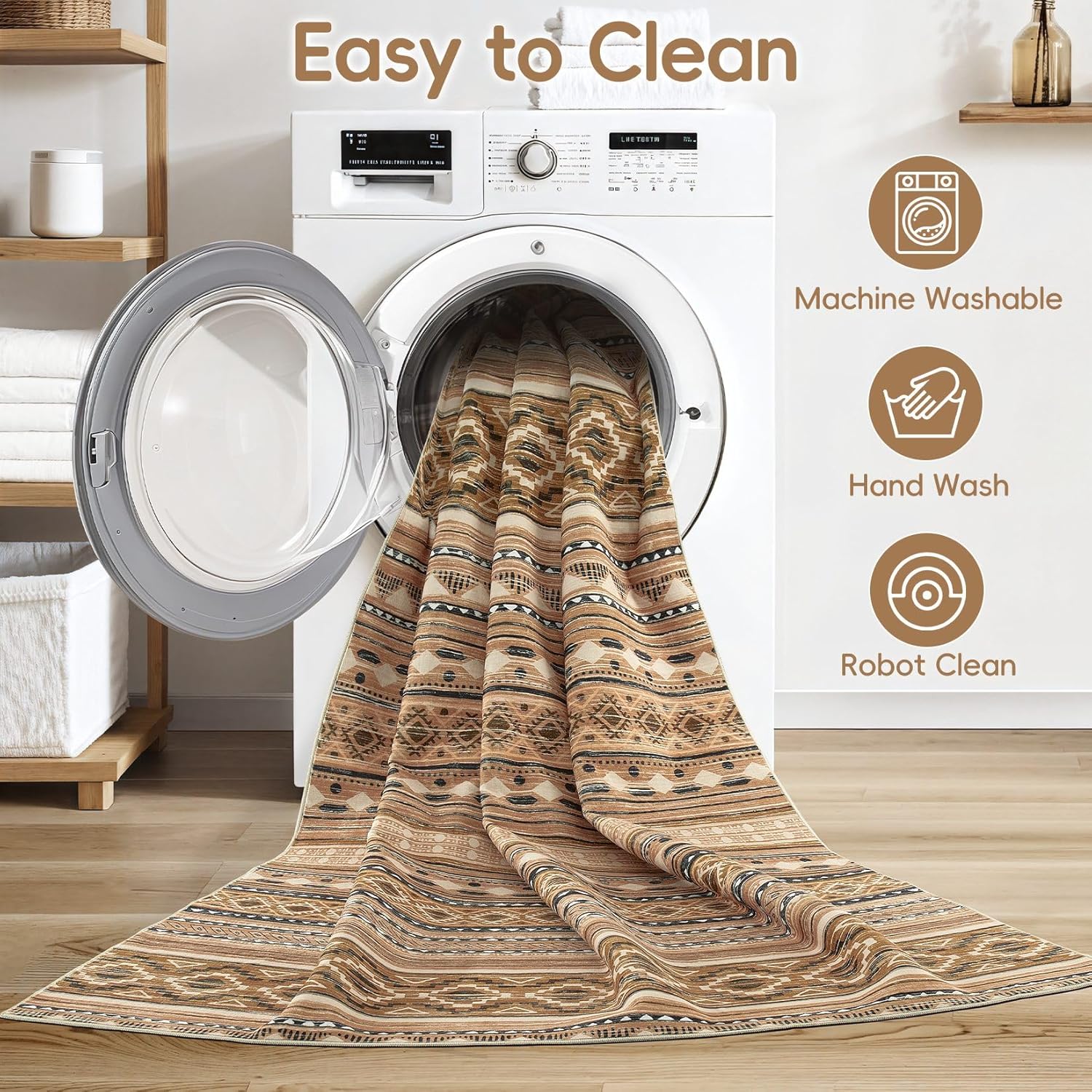 Detalle 2 de cotiled 8x10 Washable Boho Area Rug with Non Slip Backing (Brown/Beige)