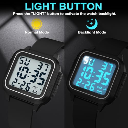 Thumbnail 1 de DTKID Adult Digital Watch, Square — 50M Waterproof, Easy Read, Black