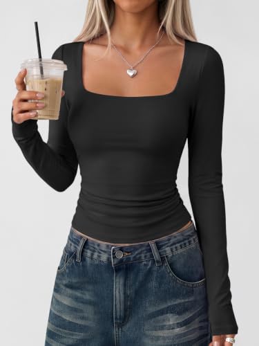 Detalle de LILLUSORY Long Sleeve Top for Women UK Square Neck - Black, Size M