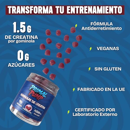Thumbnail 1 de Primal Pump Gominolas de Creatina Monohidratada 4.5 g – Frambuesa, Vegano y Sin Gluten