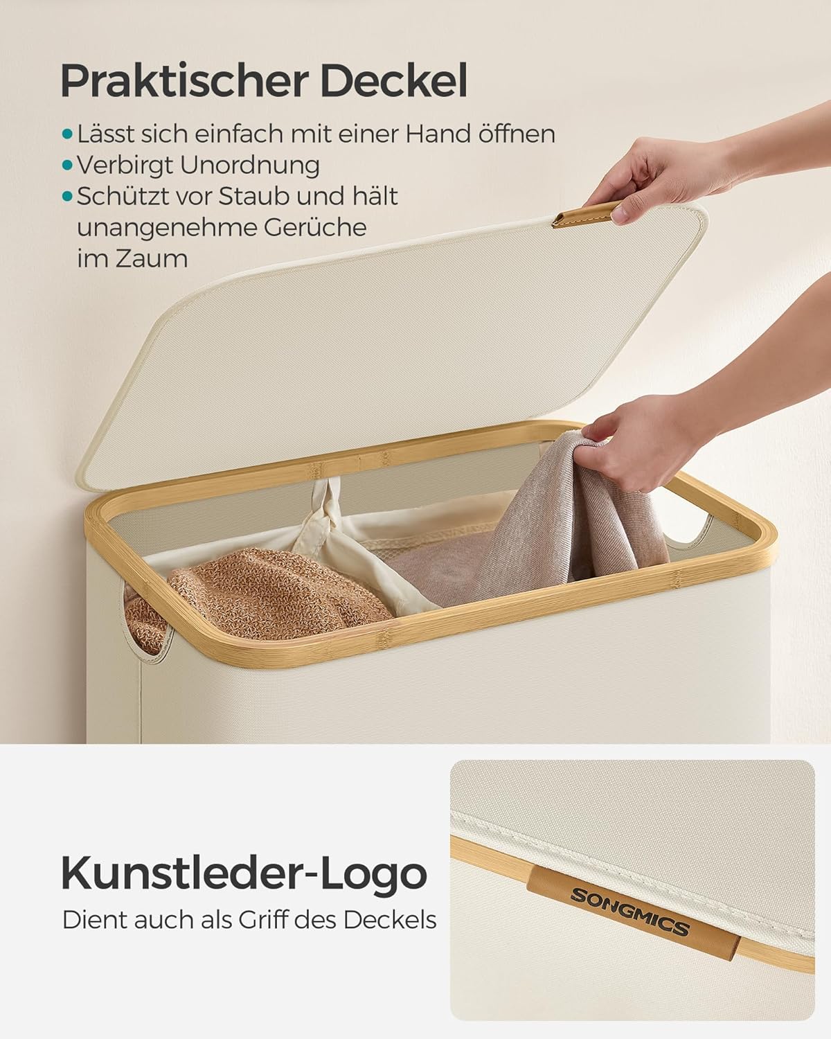Detalle 2 de SONGMICS Wäschekorb mit Deckel LCB513LJ01 – 130 L, 2 Fächer, herausnehmbare Säcke, 600D Oxford-Gewebe, Bambusgriffe, faltbar, kamelbraun