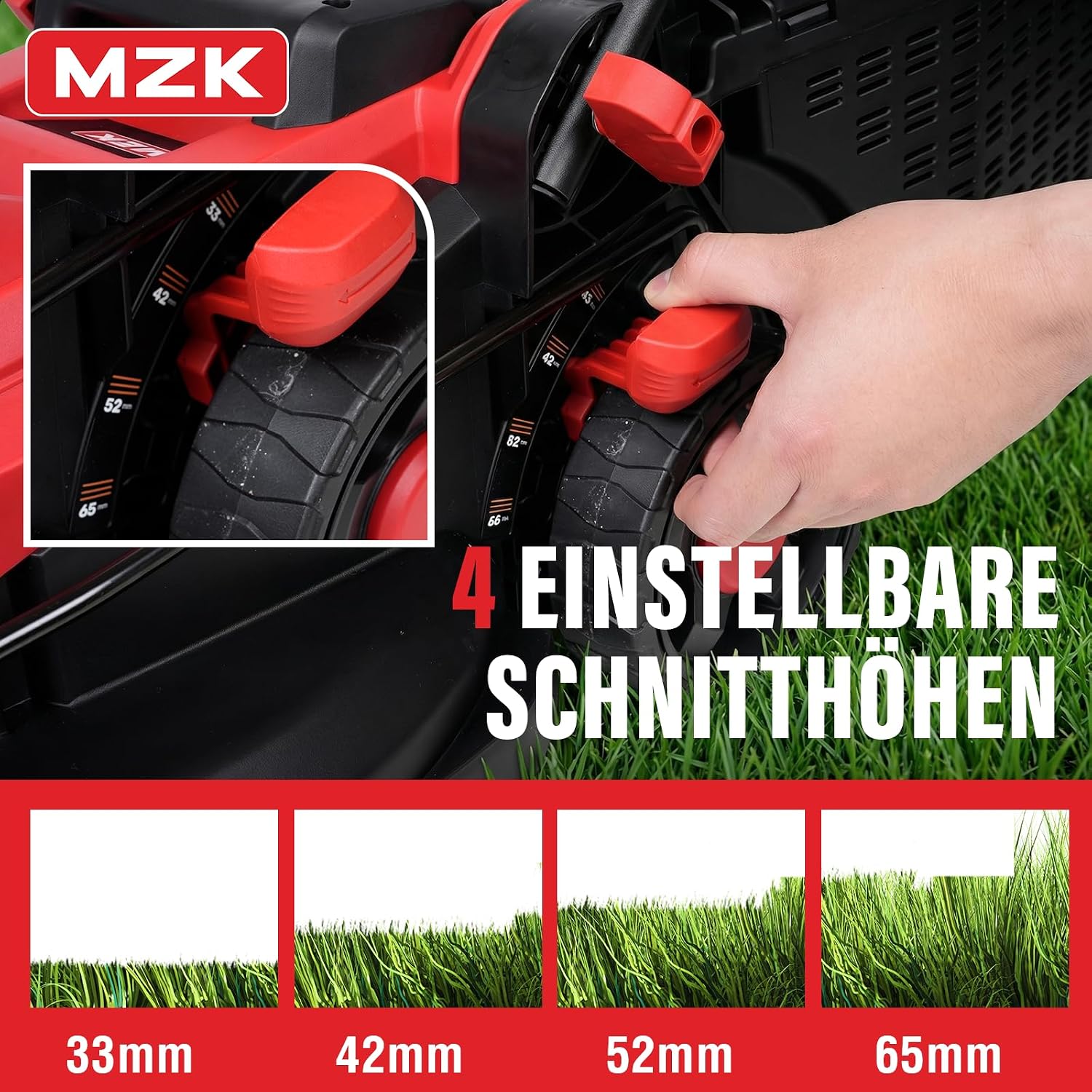 Detalle de MZK 20V Akku-Rasenmäher — 34 cm Schnittbreite, 4-fache Schnitthöhenverstellung, 31-Liter Fangkorb (inkl. 2×4,0 Ah Akkus) in Rot