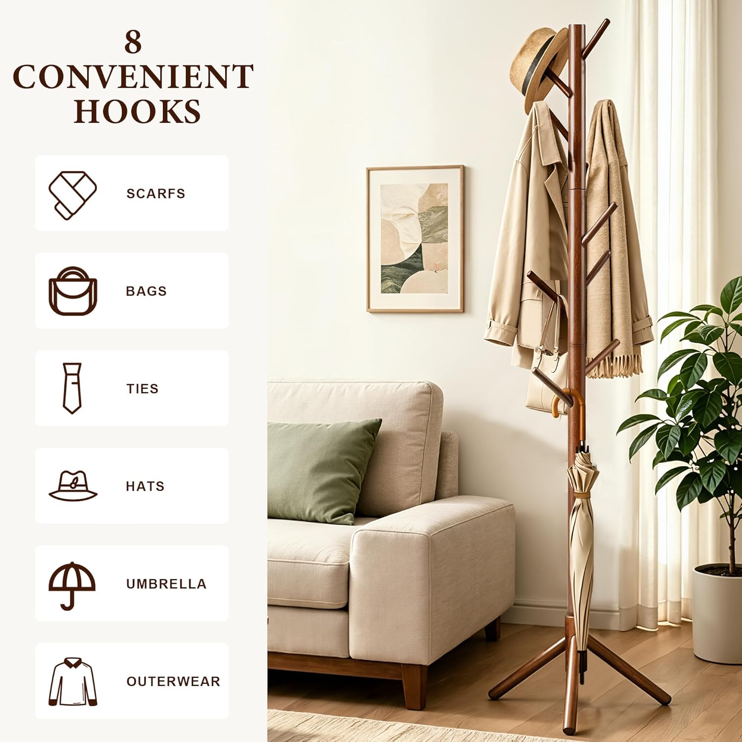 Detalle de Freyawin Rack-Brown Wooden Freestanding Coat Rack with 8 Hooks and 3 Heights