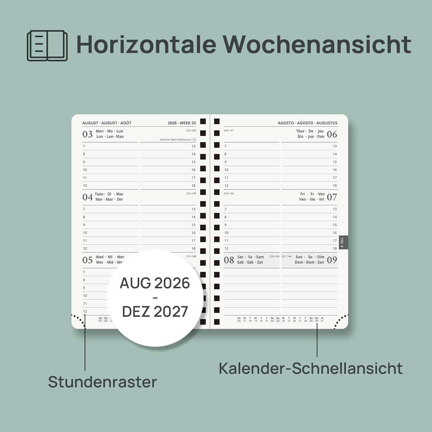 Detalle de POPRUN Taschenkalender 2026/2027 – Kompakter Planer im A6-Format mit Hardcover und vergoldeten Schutzecken