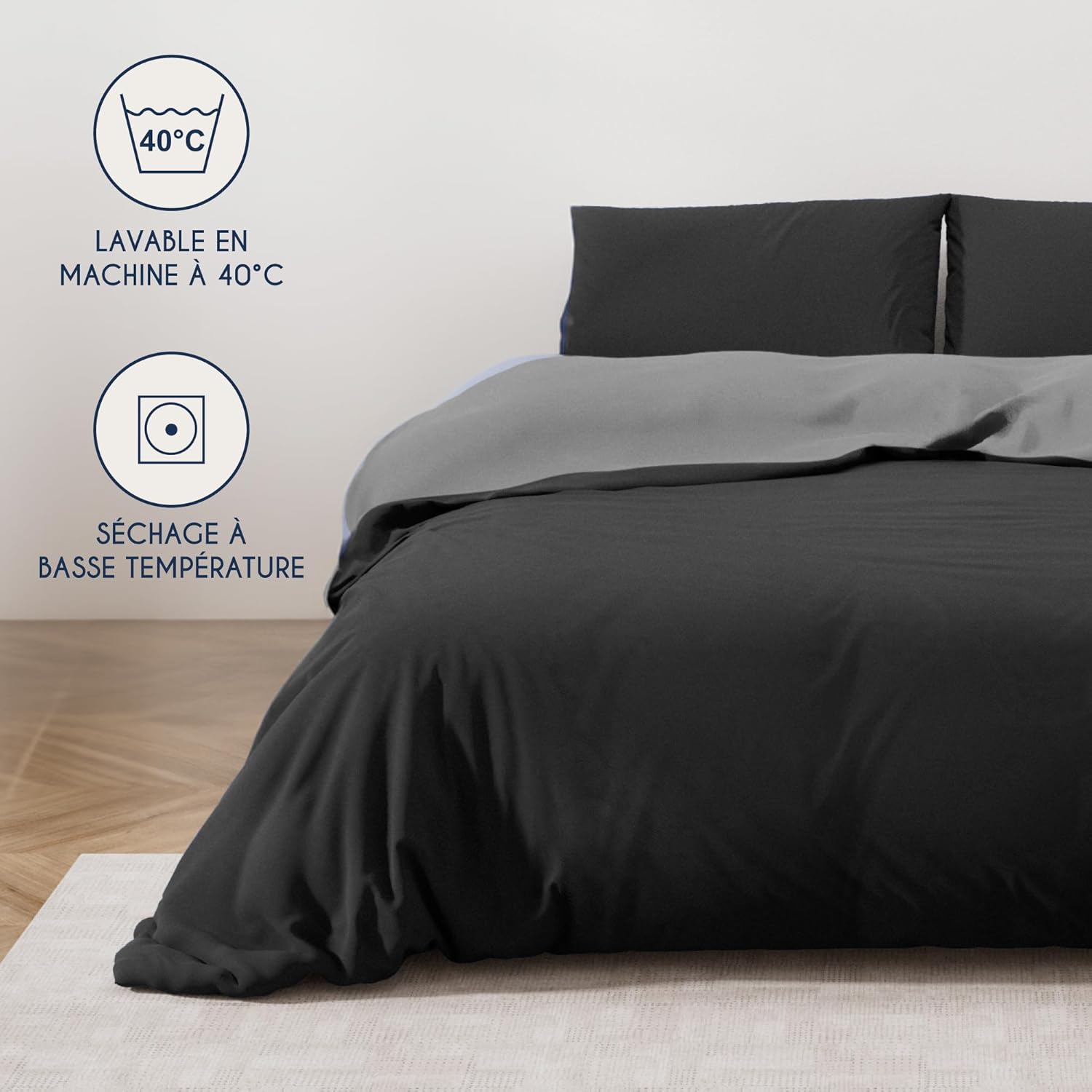 Thumbnail 4 de Dreamzie Parure de lit 200x200 en microfibre noire/gris foncé (housse de couette + 2 taies 65x65) 3 pièces