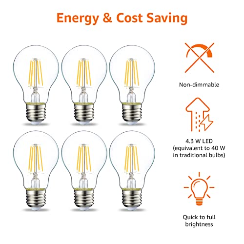 Detalle 2 de Amazon Basics – Lot de 6 ampoules LED Edison E27 4,3 W (40 W équiv.), filament transparent, lumière blanc chaud 2700 K