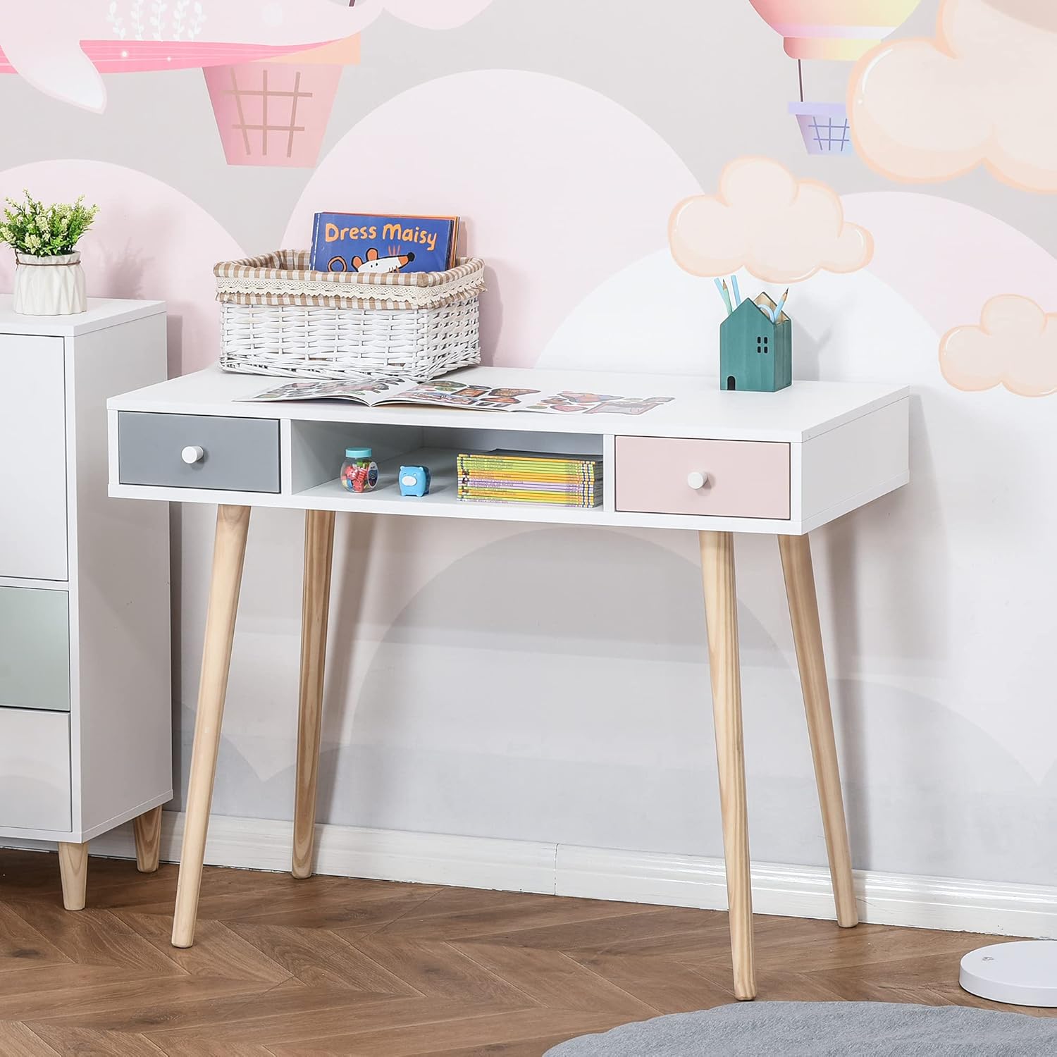 Thumbnail 1 de HOMCOM Bureau Enfant Style scandinave avec tiroir et compartiment de rangement – 100L x 48l x 76,5H cm