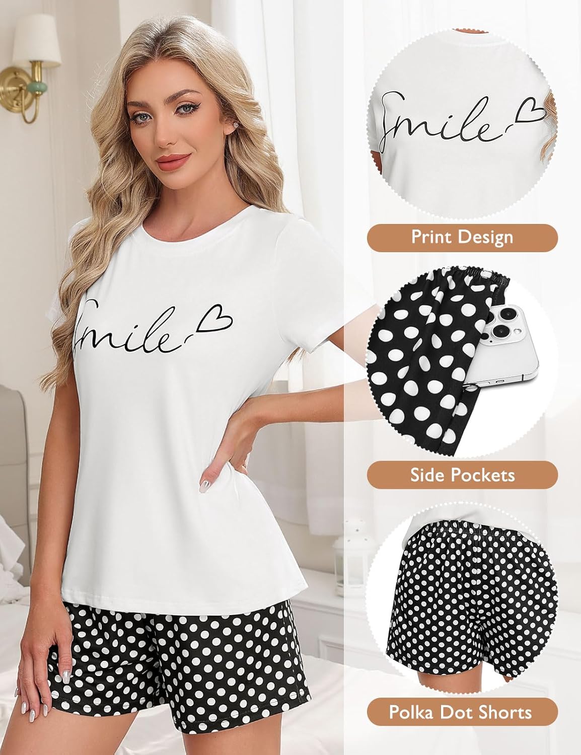 Thumbnail 2 de UMIPUBO Women's Summer Pyjamas Set: Soft Short Sleeve Top & Elasticated Shorts with Pockets