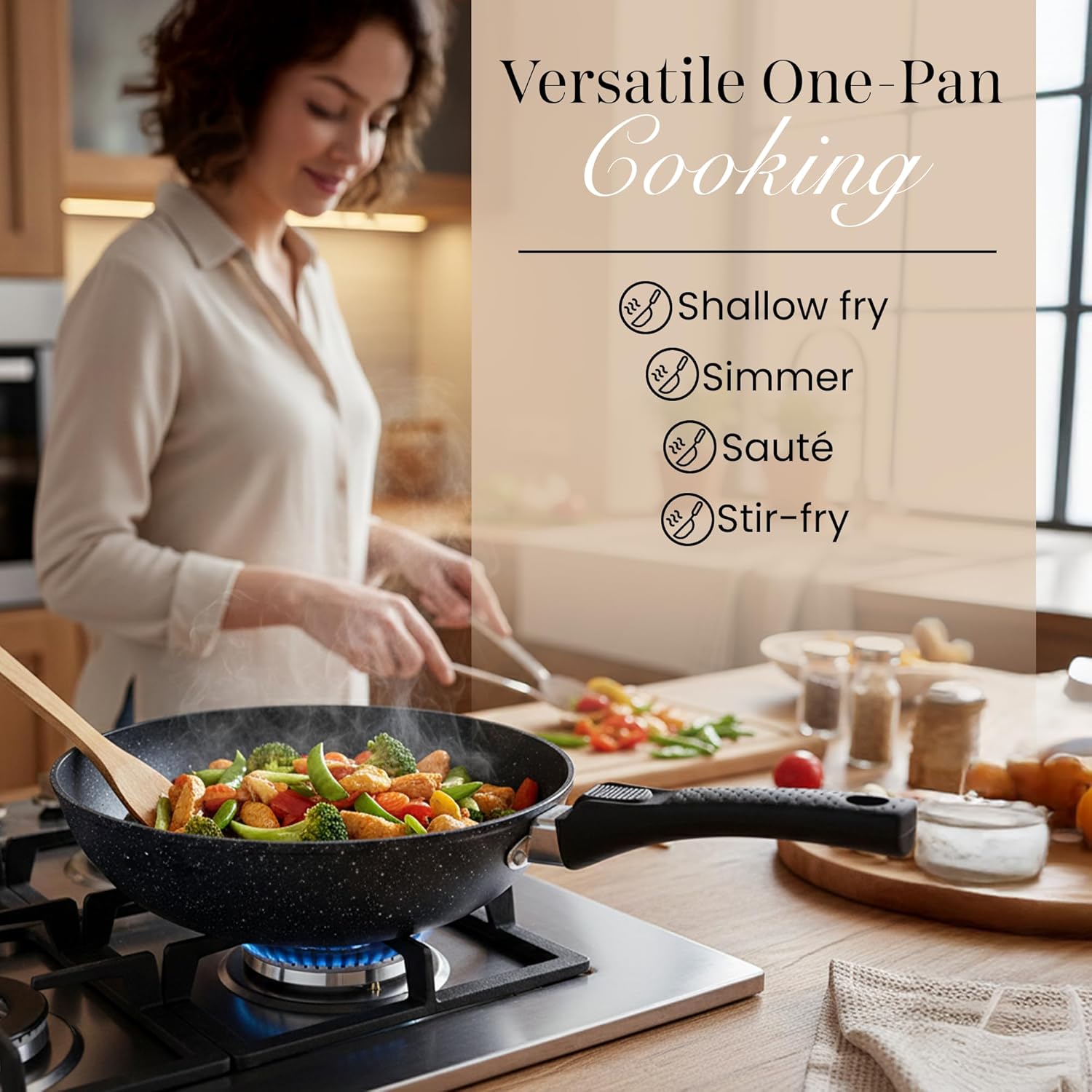 Thumbnail 2 de nuovva Non-Stick Wok Pan with Glass Lid – 28cm Deep Stir Fry Pan with Induction Base and Detachable Handle