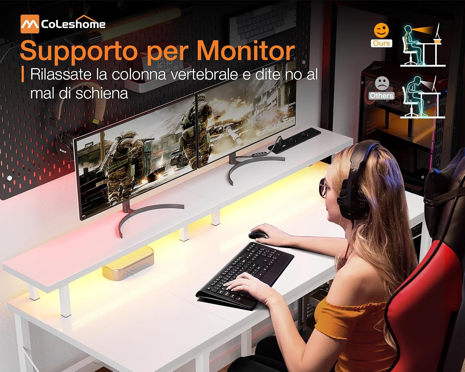 Thumbnail 6 de Coleshome Scrivania Gaming con LED 120x50 cm: illuminazione dinamica, supporto monitor e posto per accessori