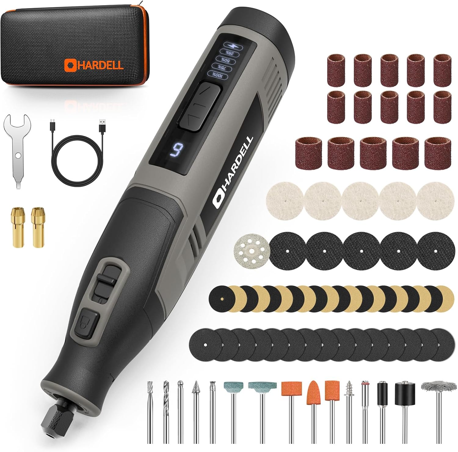 Detalle de HARDELL DM22410ORAHD-1-2026 Cordless Rotary Tool, 6 Speeds, 80-Piece Kit
