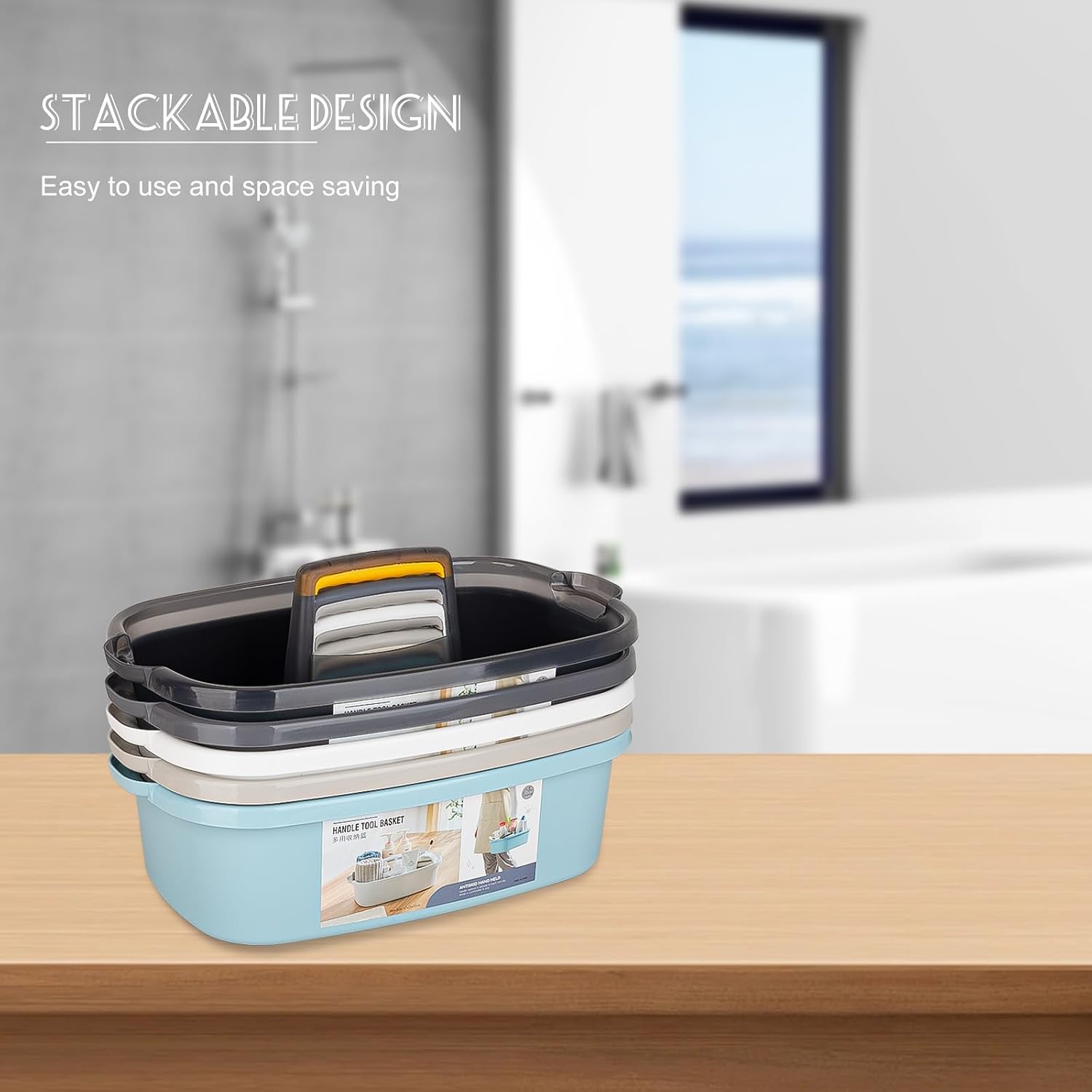 Detalle de JiatuA Large Cleaning Caddy, Light Gray Plastic Basket with Carry Handle