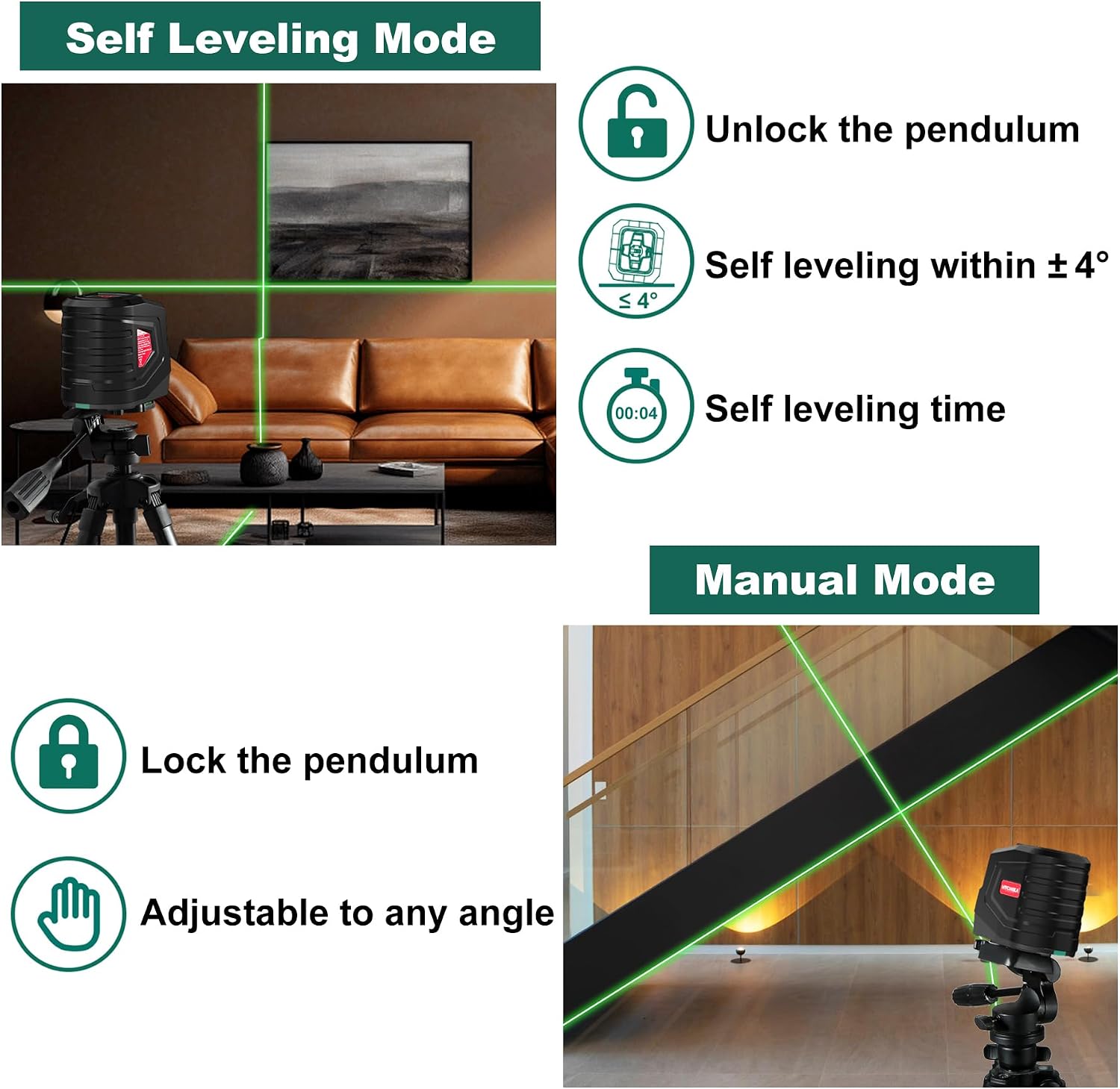 Detalle de HYCHIKA Laser Level 15 m – Green Cross Line Laser with Self-Levelling and Manual Modes