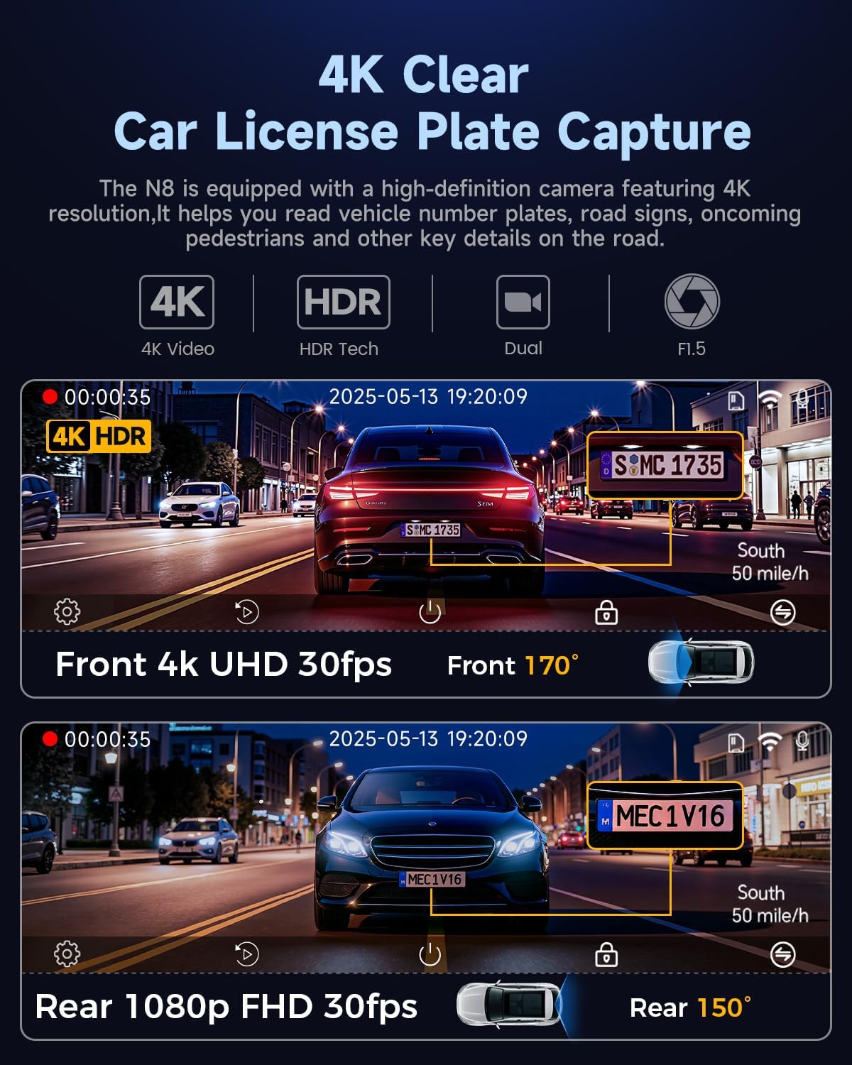 Detalle de COOLCRAZY N8 4K + 1080P Dual Dash Cam