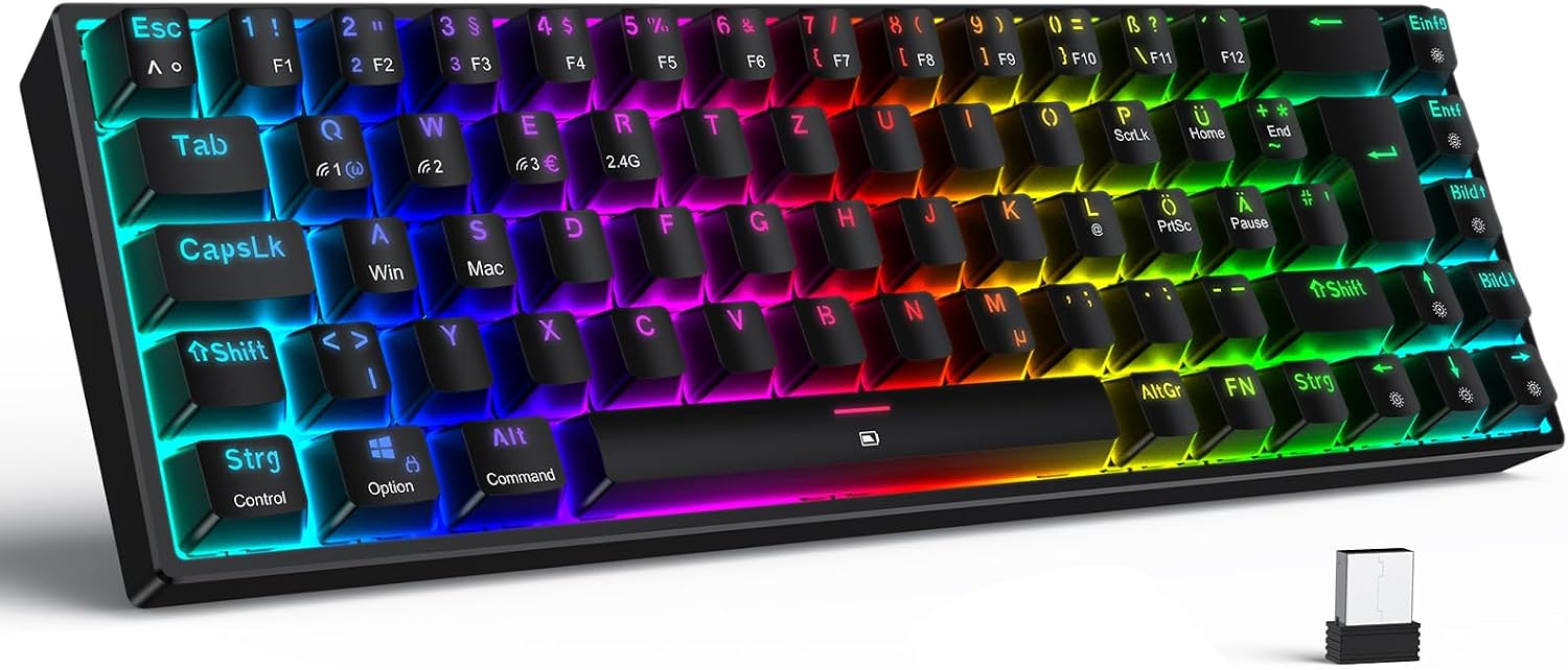 Detalle de TECURS Gaming Tastatur Kabellos – 65% TKL Mechanische Tastatur mit roten Switches, QWERTZ Deutsches Layout