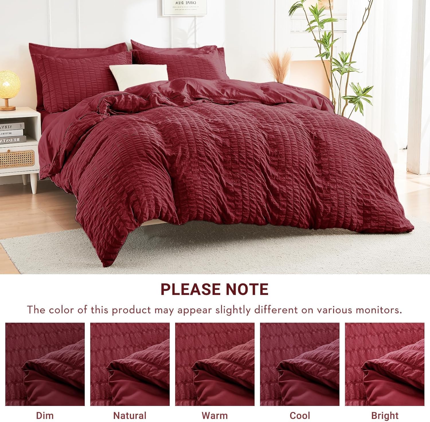 Thumbnail 5 de HYMOKEGE 7-Piece King Seersucker Duvet Set in Burgundy