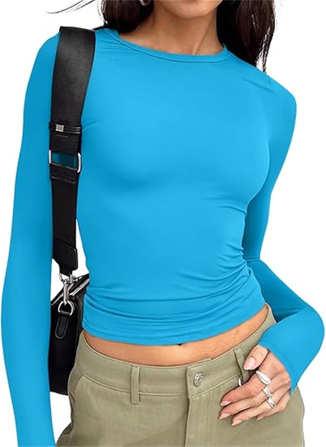 Detalle 2 de Women’s casual crop tops slim fit long sleeve crew neck fitted T-shirt (polyester)