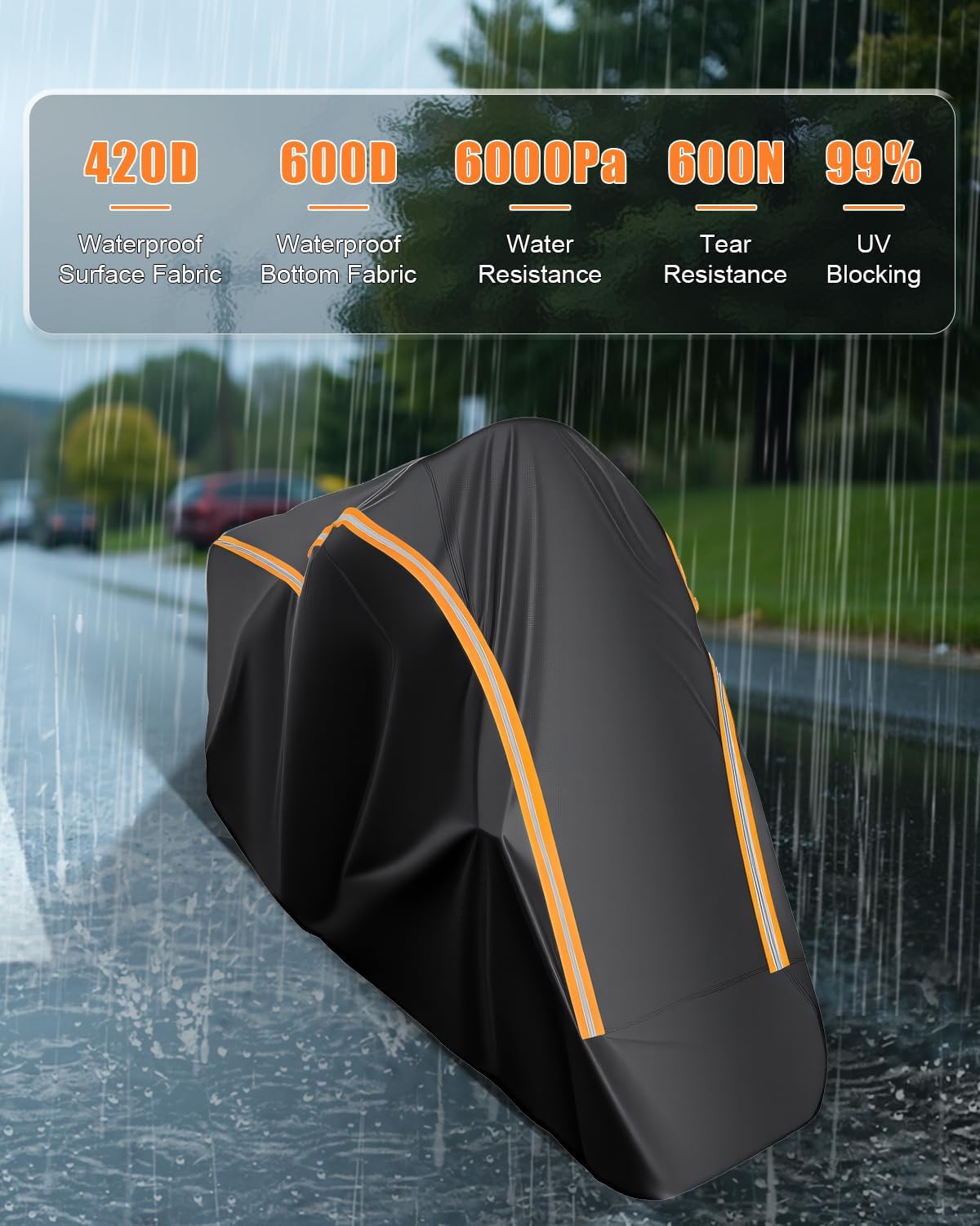 Detalle de FJWDSC Full Enclosed Motorbike Cover (600D) – Waterproof All Weather with Reflective Strips