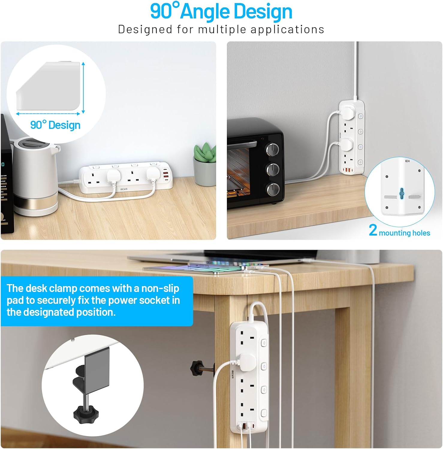 Detalle de BEVA 4-Way Desk Extension Lead with Surge Protection and 4 USB Ports (PD20W) – White, 1.8m