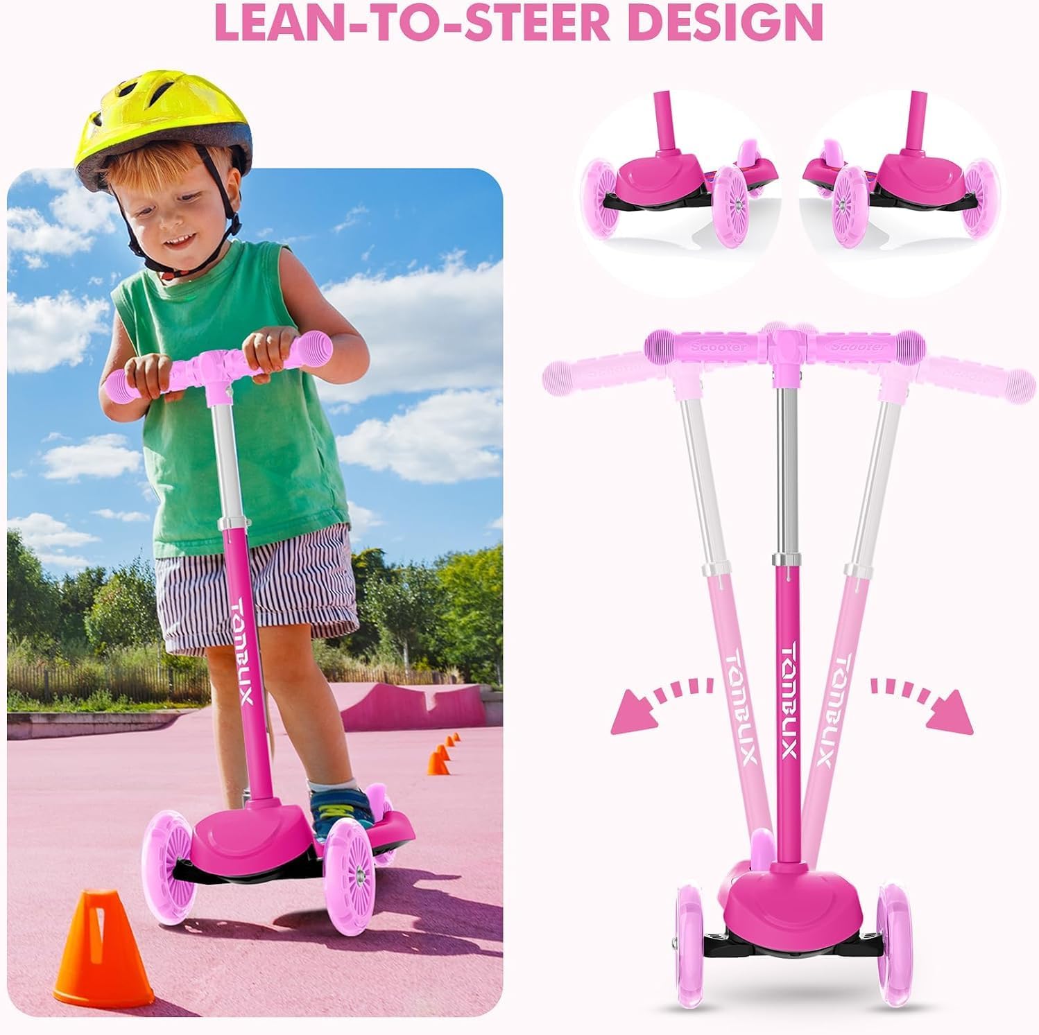 Detalle de TONBUX Kids Scooter for Ages 3-8 (3-Wheel) with Light-Up Wheels & Adjustable 4-Level Height