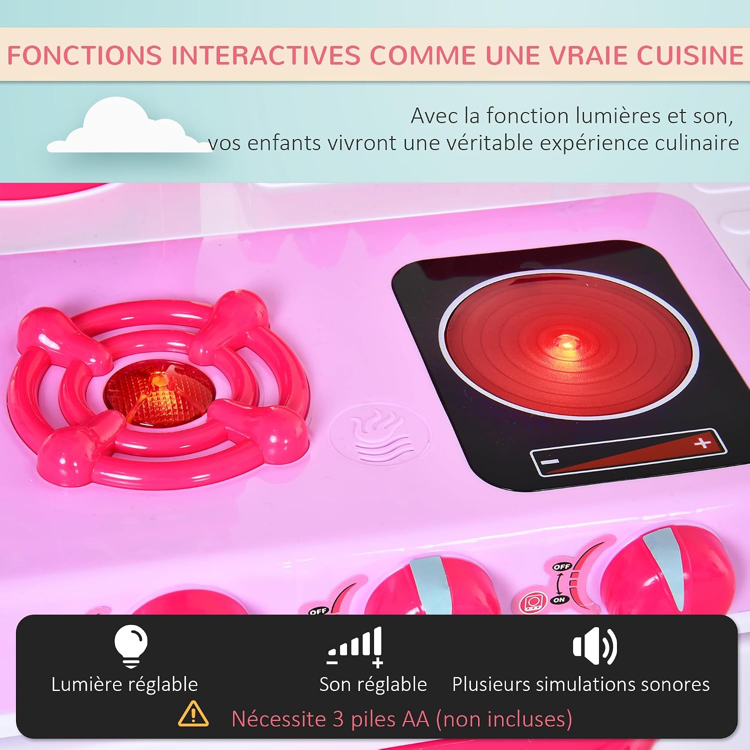 Detalle de HOMCOM kinderkeuken met 38 accessoires, geluiden en lichtjes in roze