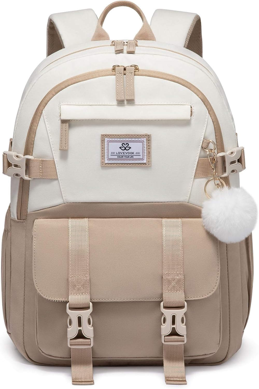 Detalle de LOVEVOOK Schulrucksack für Mädchen 10–18 Jahre mit großem Flaschenfach und Laptopfach (15,6 Zoll) – Khaki Beige