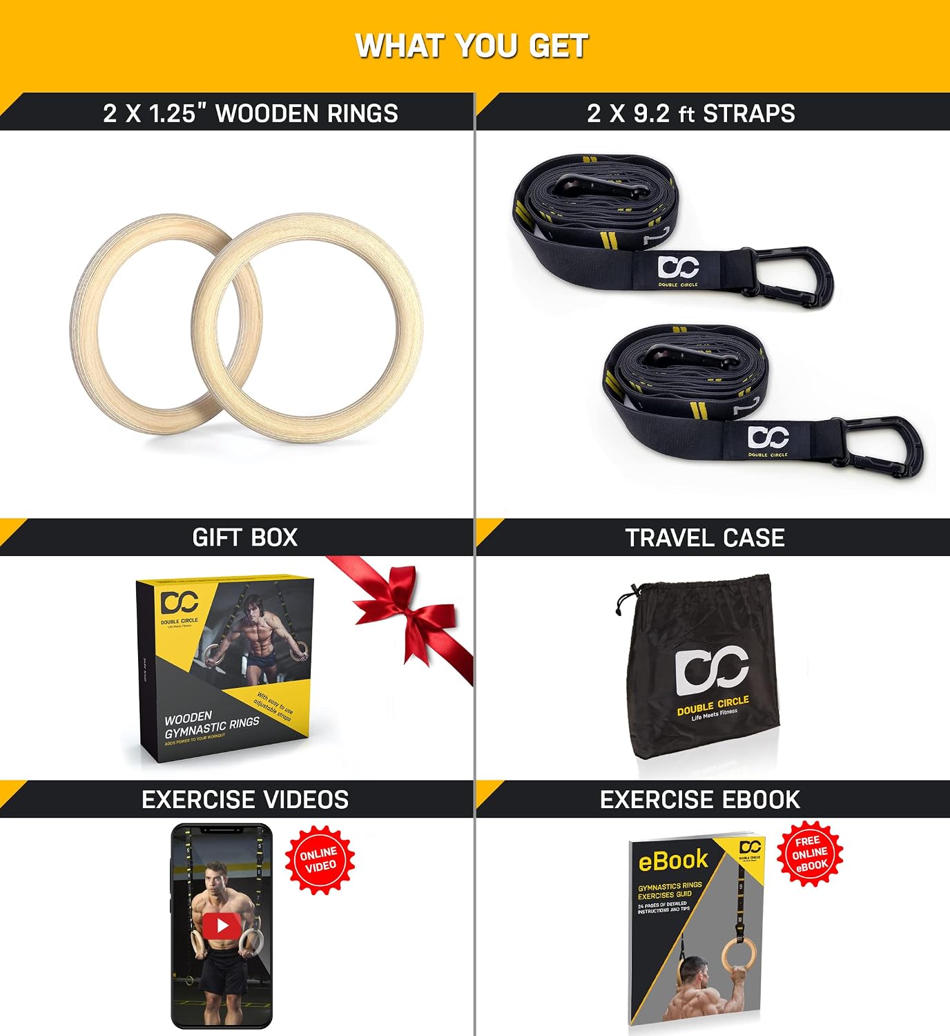 Detalle de Double Circle Gymnastic Rings And Straps 木製体操リング 1.25インチ・番号付きストラップ
