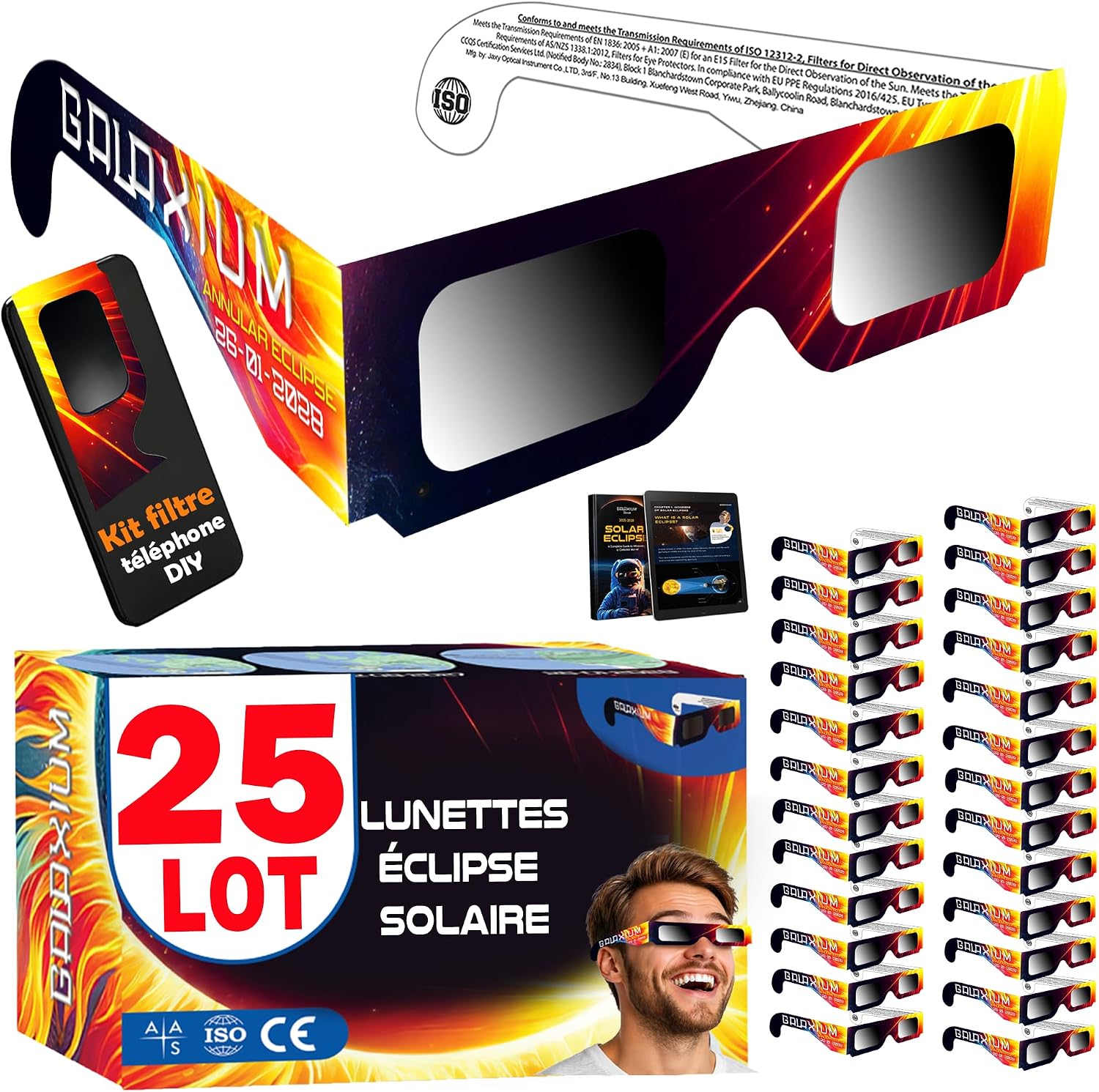 Lunettes d’éclipse solaire Galaxium (lot de 25) homologuées AAS 2026, certifiées ISO 12312-2 et CE