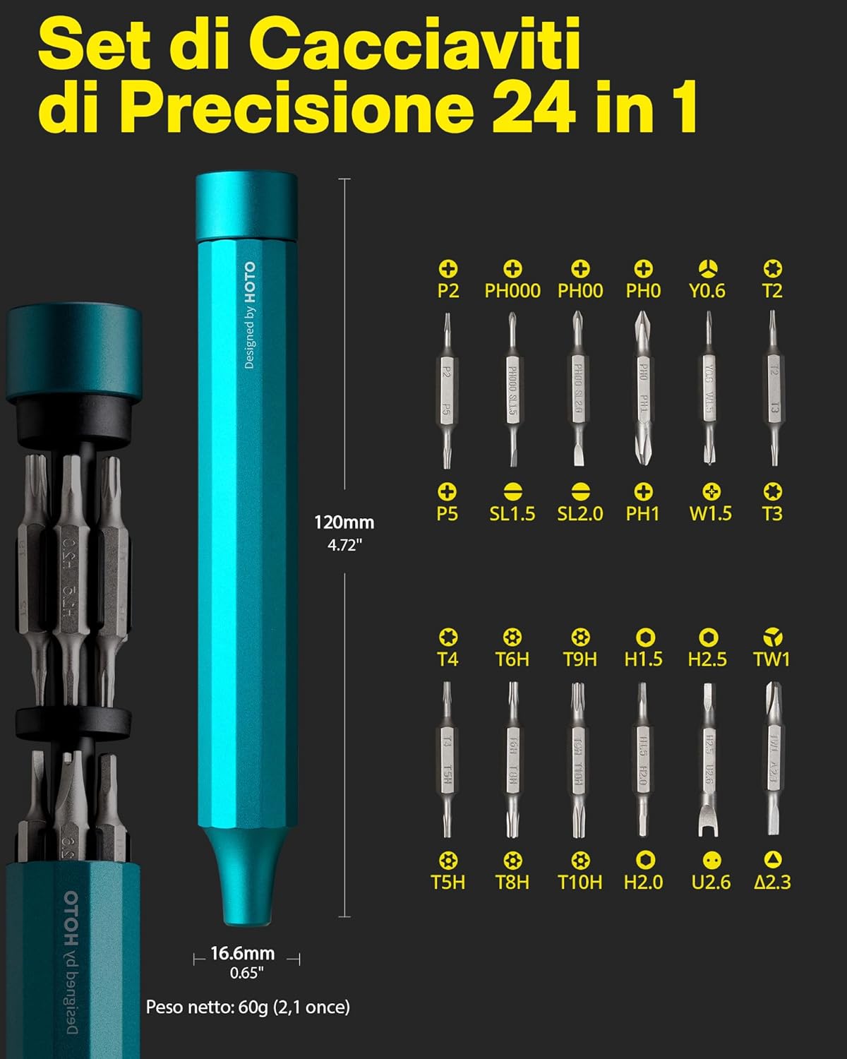 Detalle 2 de HOTO 24 in 1 Cacciaviti Magnetici: Set di precisione in acciaio S2, 12 punte doppie e manico con rotazione a 360°