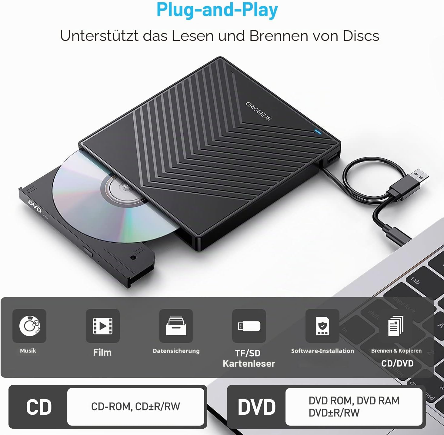 Thumbnail 3 de ORIGBELIE Externes DVD Laufwerk USB 3.0 💽