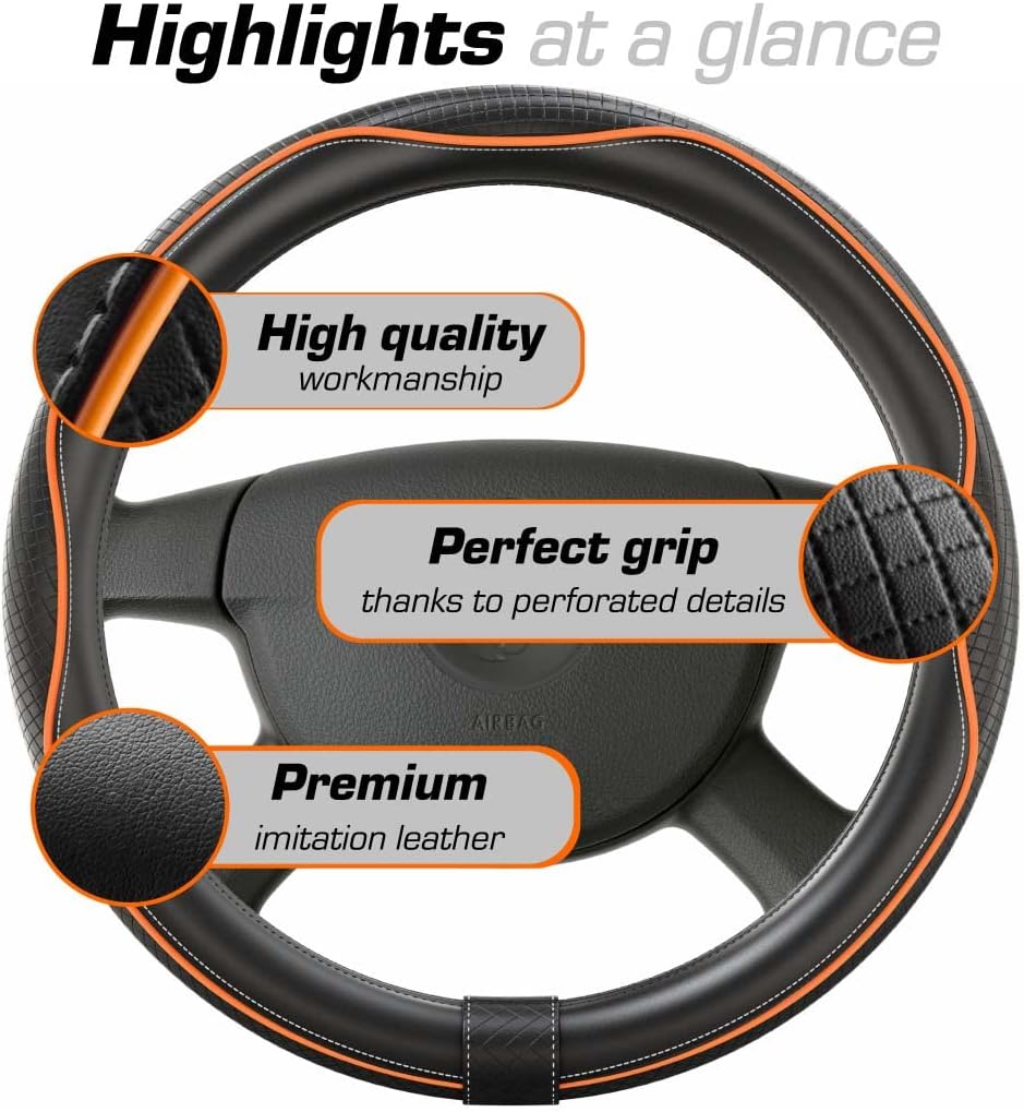 Thumbnail 3 de Upgrade4cars Orange & Black Leather Look Steering Wheel Cover
