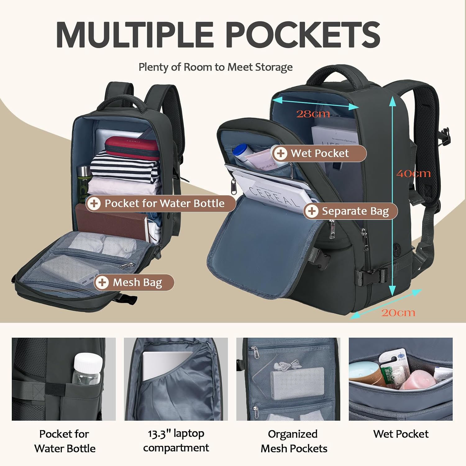 Detalle de Xkdoai Mochila de Cabina para EasyJet 45x36x20 cm: comodidad y organización para viajes cortos