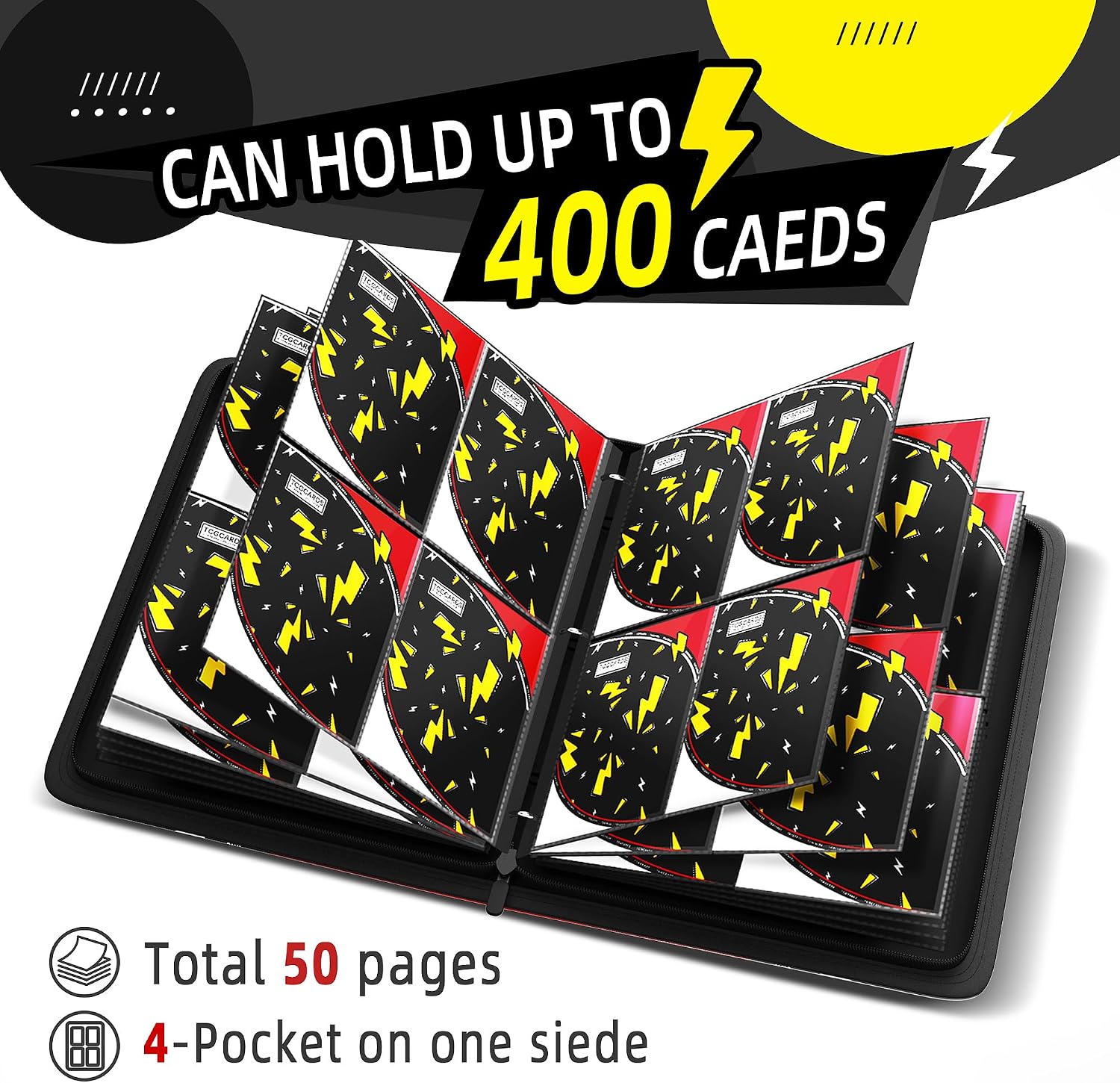 Detalle de Trading Card Binder 4 Pocket (400-Card Capacity) with 50 Removable Sleeves, Waterproof Zipper Album for MTG/TCG Cards