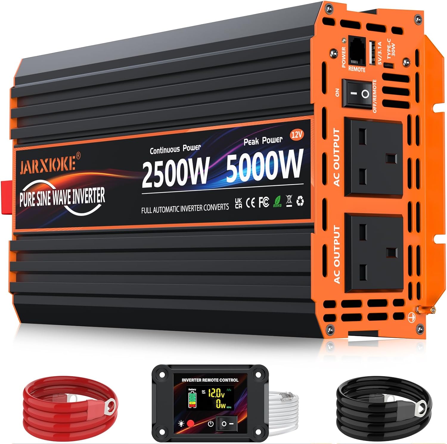 Detalle de 2500W Pure Sine Wave 12V to 240V Power Inverter with 2 UK Sockets, LCD Remote & USB (Type-C + USB-A)