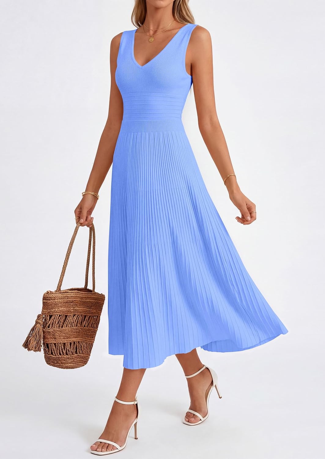 Thumbnail 4 de PRETTYGARDEN Summer Dresses for Women 2026: Pleated Midi V-Neck Sleeveless Dress
