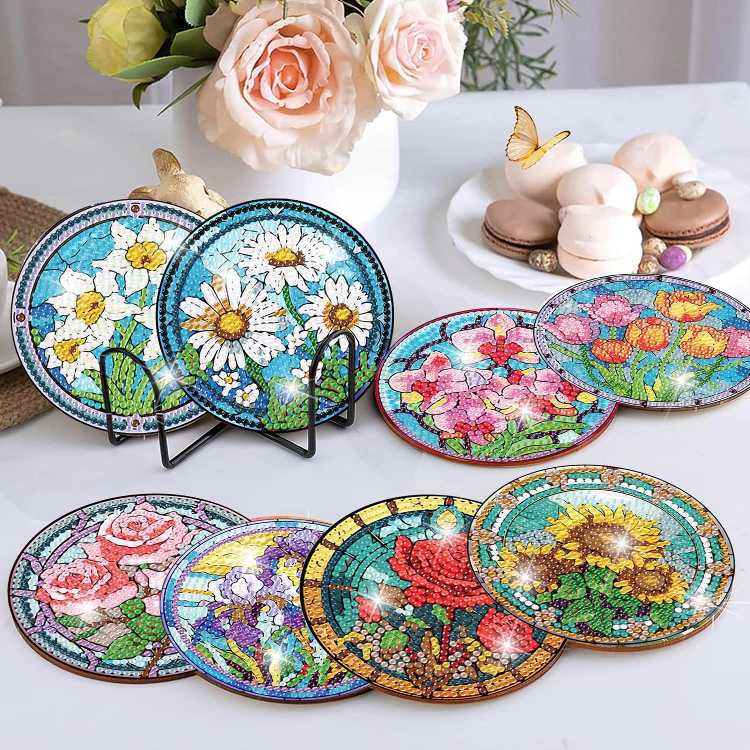 Detalle 1 de croshom 8-Piece Floral Diamond Art Coaster Kit with Acrylic Coasters and Cork Backing
