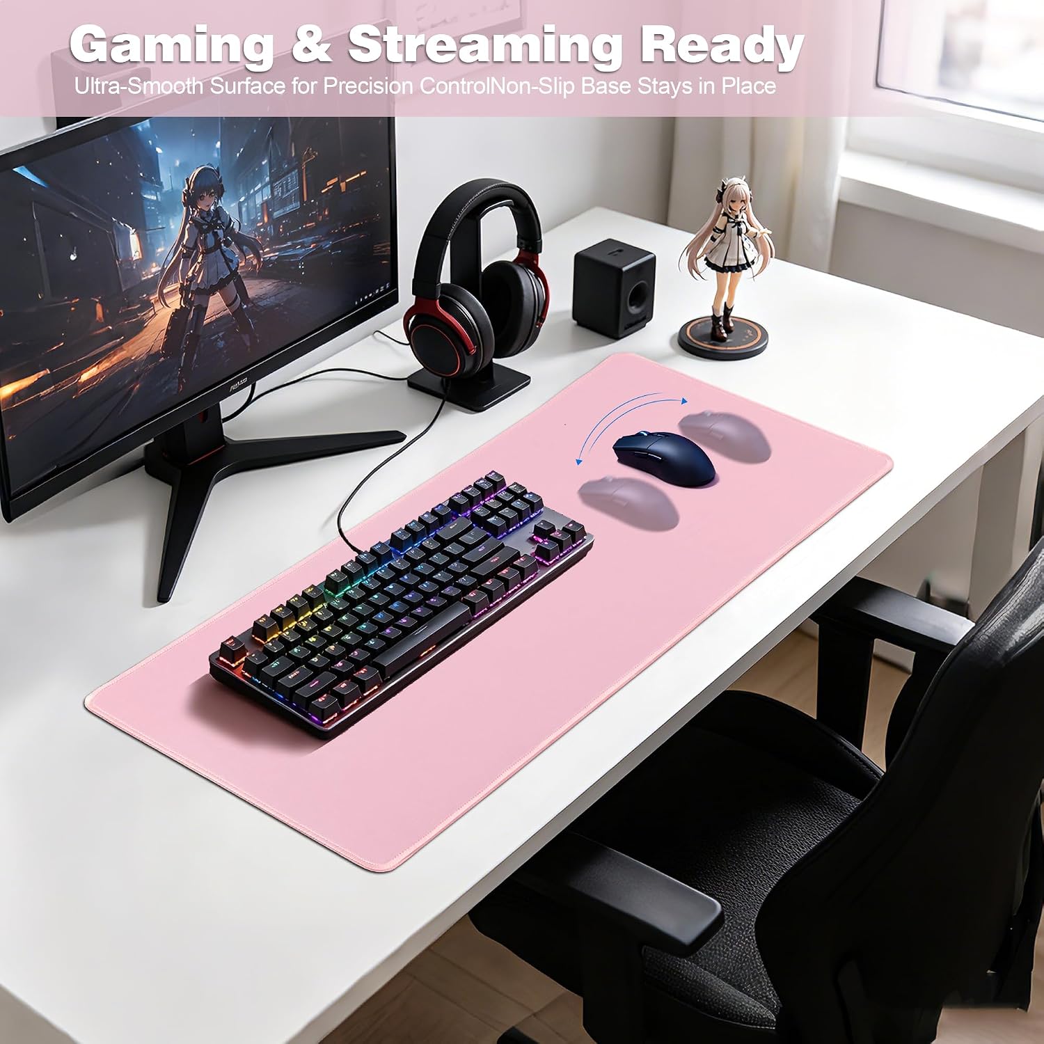 Detalle de Jahosin 70x30 cm Large Gaming Mouse Pad with Stitched Edges – Pink