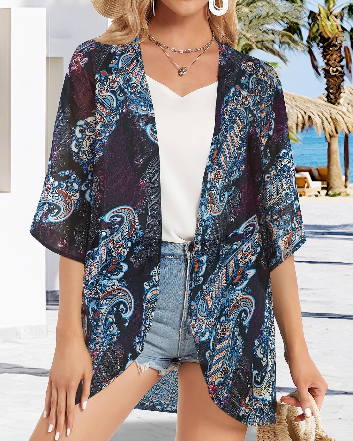 Detalle de Florynova Women’s Casual Kimono Cardigan: Summer Beach Cover Up with Floral Print