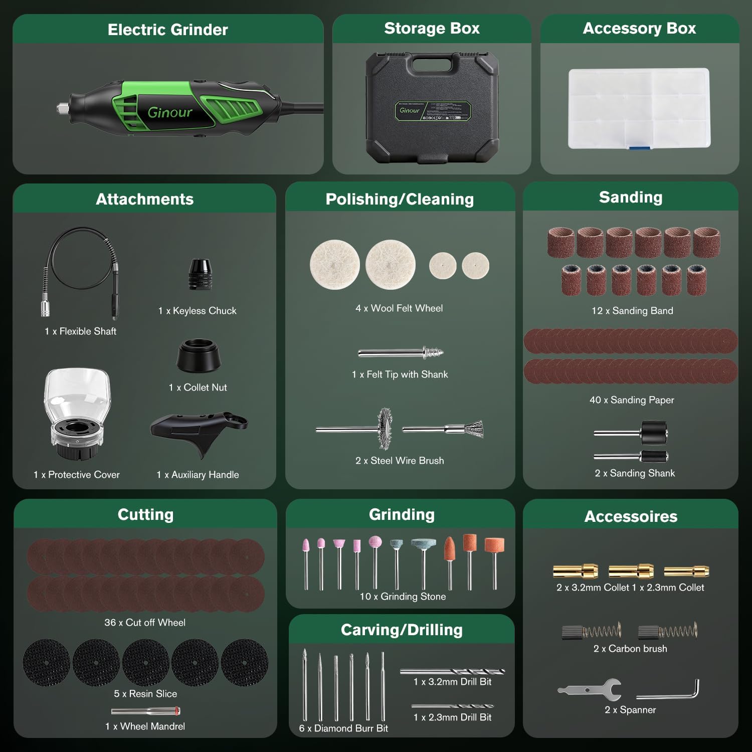 Detalle 2 de Ginour Rotary Tool Kit 200W (6 Variable Speeds 8000–35000RPM) with Keyless Chuck & Flex Shaft — 135 Accessories