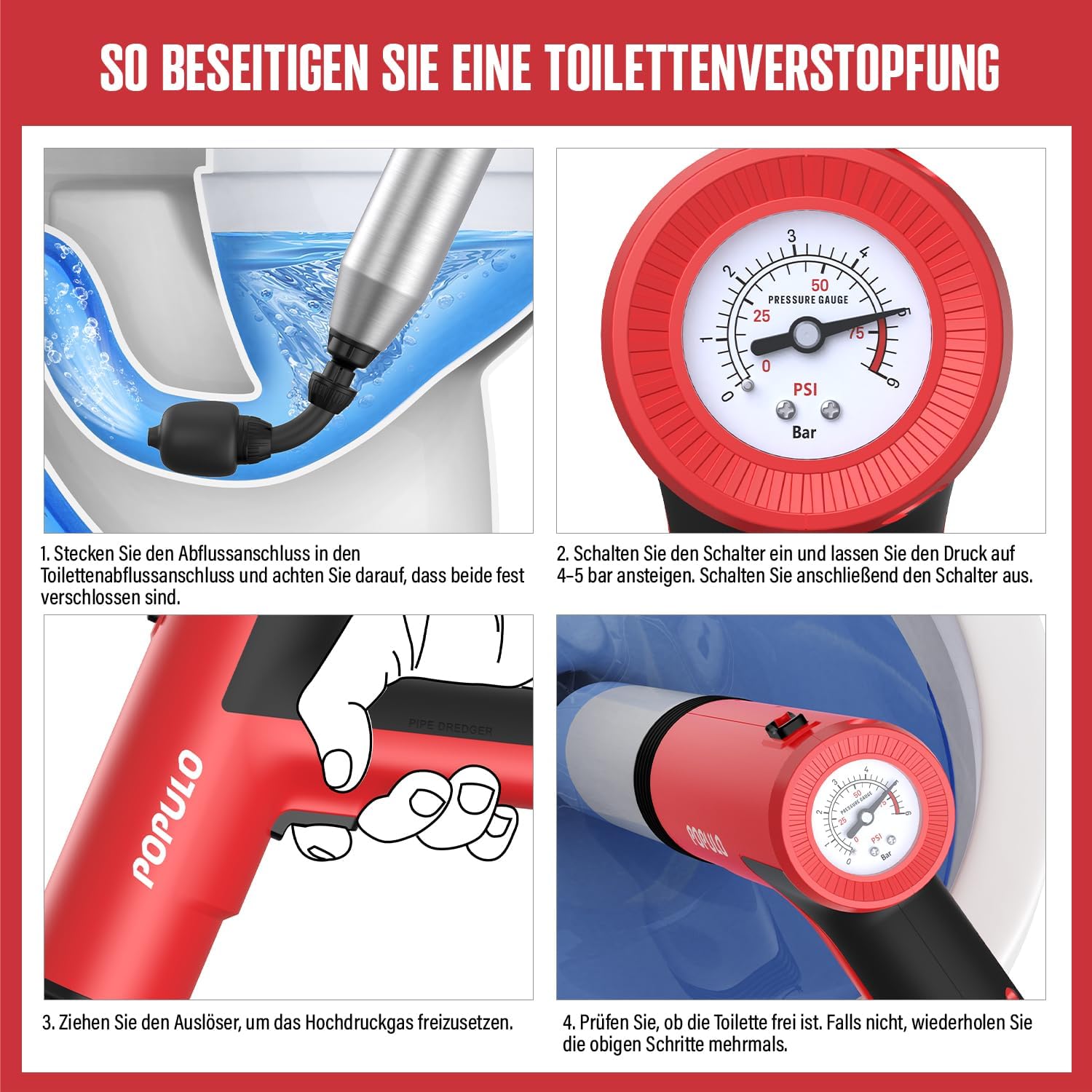 Detalle de POPULO Elektrischer Abflussreiniger (Pömpel/WC-Saugglocke) mit integrierter Luftpumpe