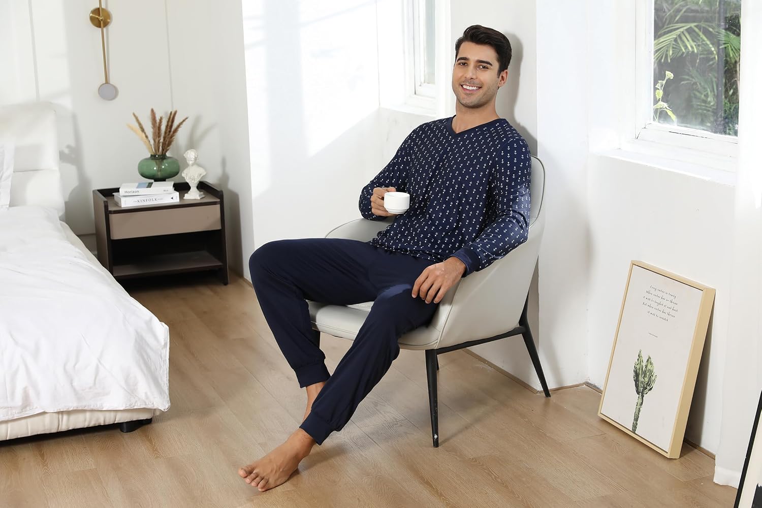 Thumbnail 3 de Bresdk Pyjama Homme Coton Hiver Chaud Rayures Bleues Marine