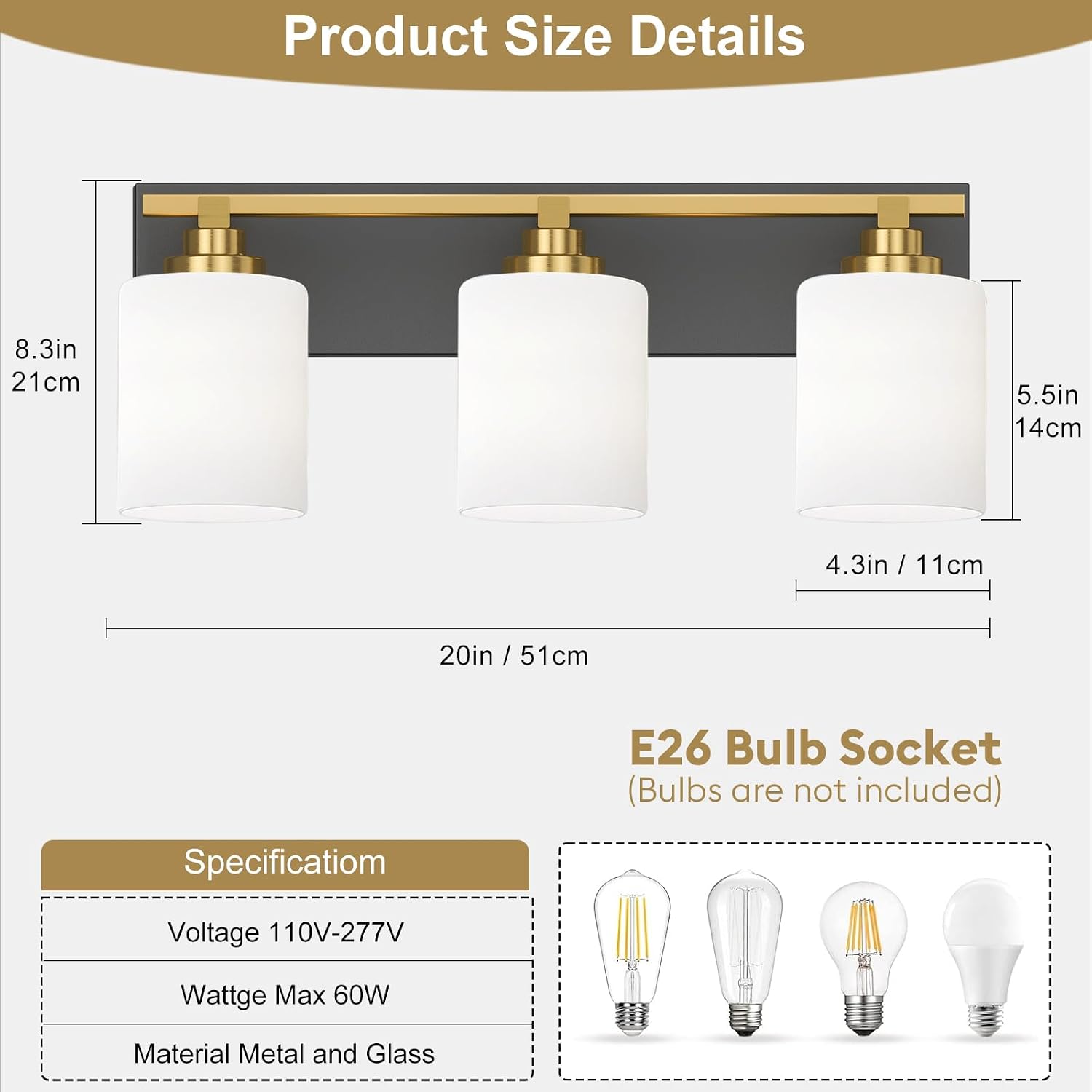 Detalle de LKHF Vanity Lights 3-Light Bathroom Fixture, Black and Brushed Gold, 20-inch