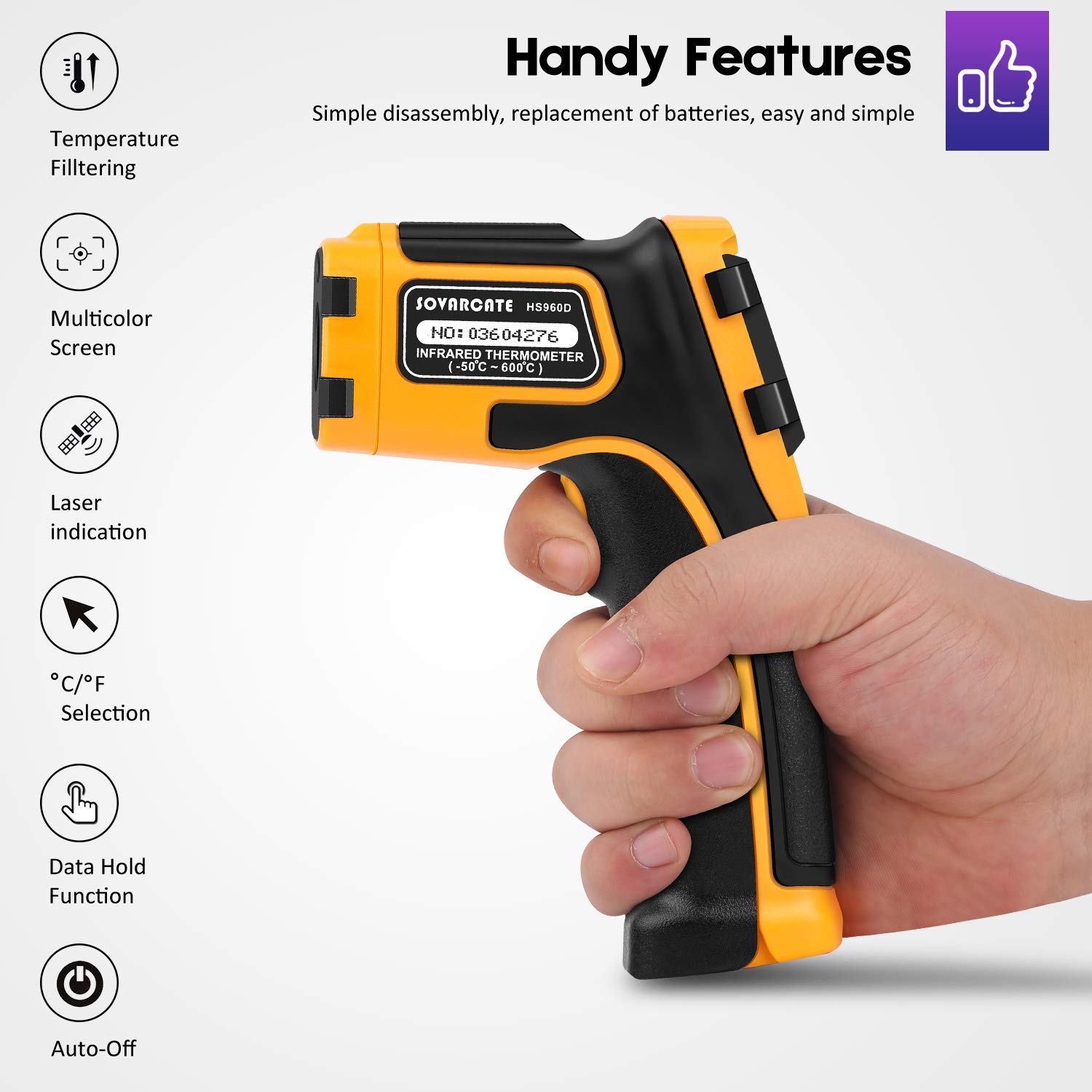 Thumbnail 4 de Infrared Thermometer (Non-Contact IR Temp Gun) with Adjustable Emissivity + Meat Thermometer -50°C to 600°C