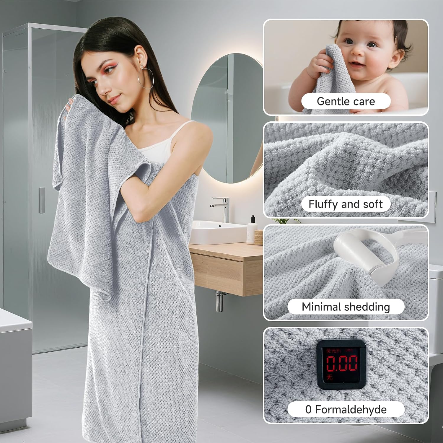 Detalle de REDKISS 6-Piece Microfiber Towel Set, Gray, 2 Bath, 2 Hand, 2 Washcloths